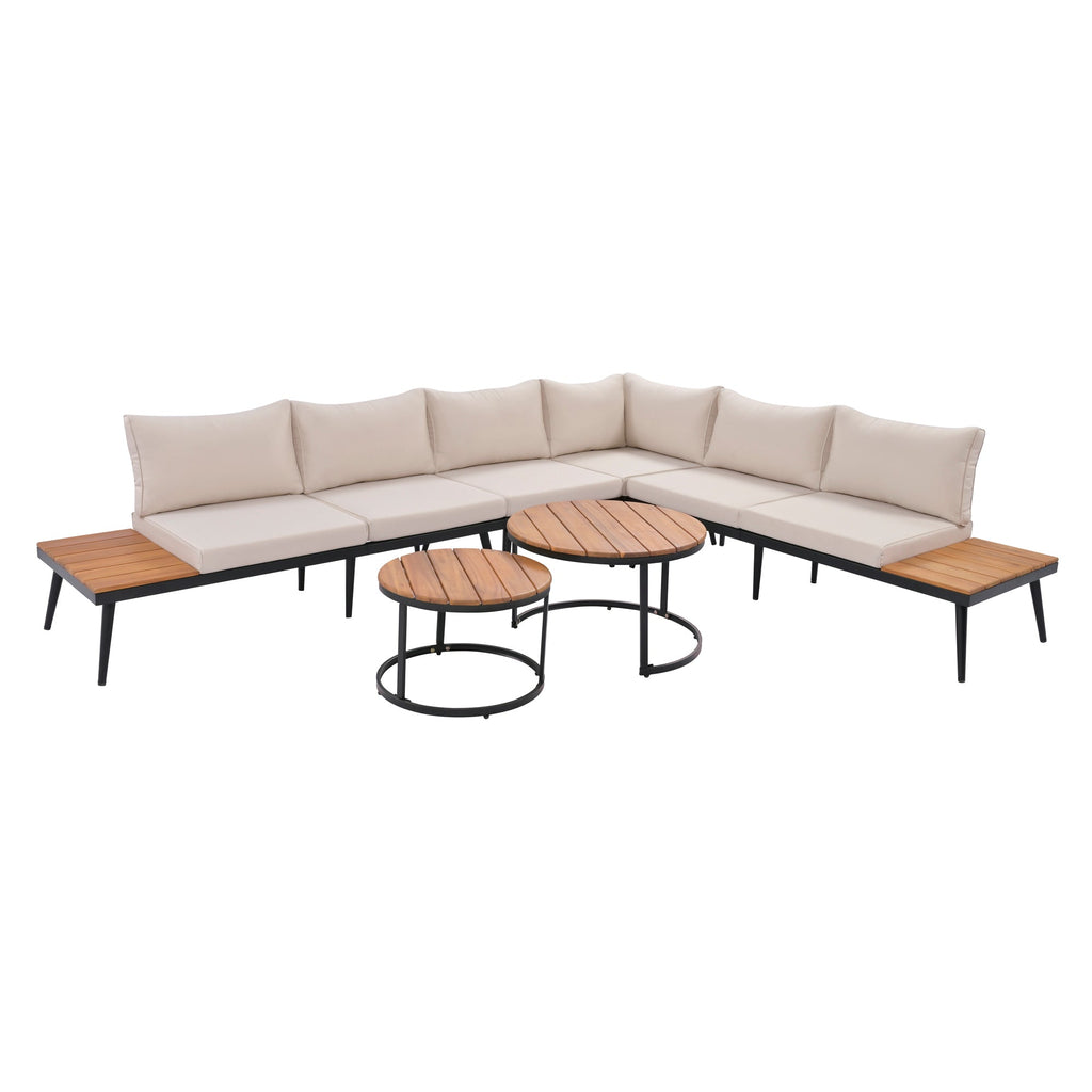 Outdoor Sectional Set Acacia Wood Steel Beige Cushion 6 Piece Seats 5