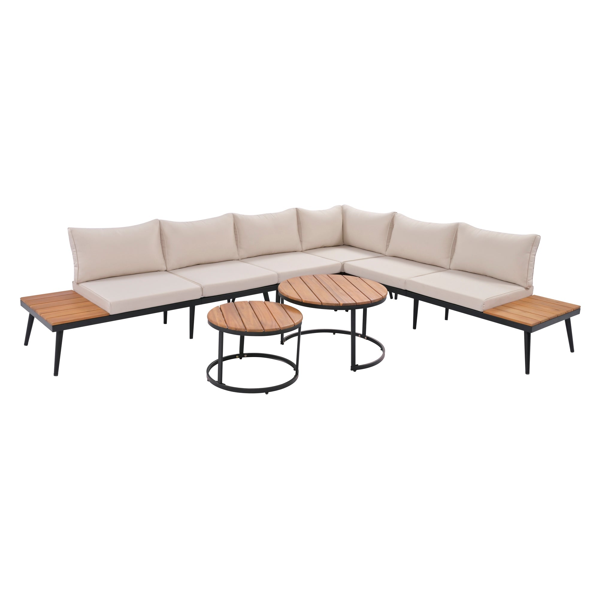 Outdoor Sectional Set Acacia Wood Steel Beige Cushion 6 Piece Seats 5