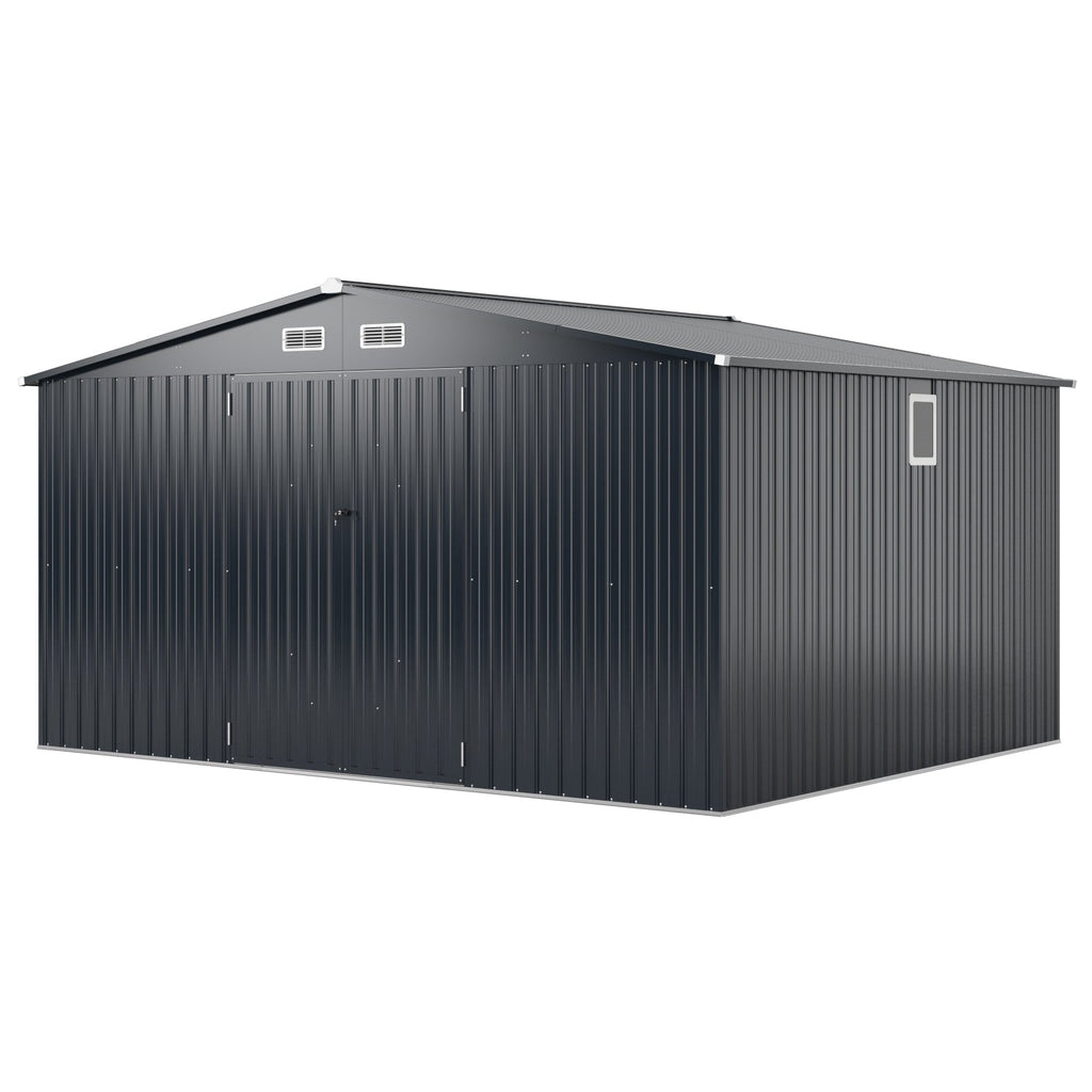 12 x 9.8 Feet Outdoor Storage Shed with Lockable Door and Pitched Roof-Gray