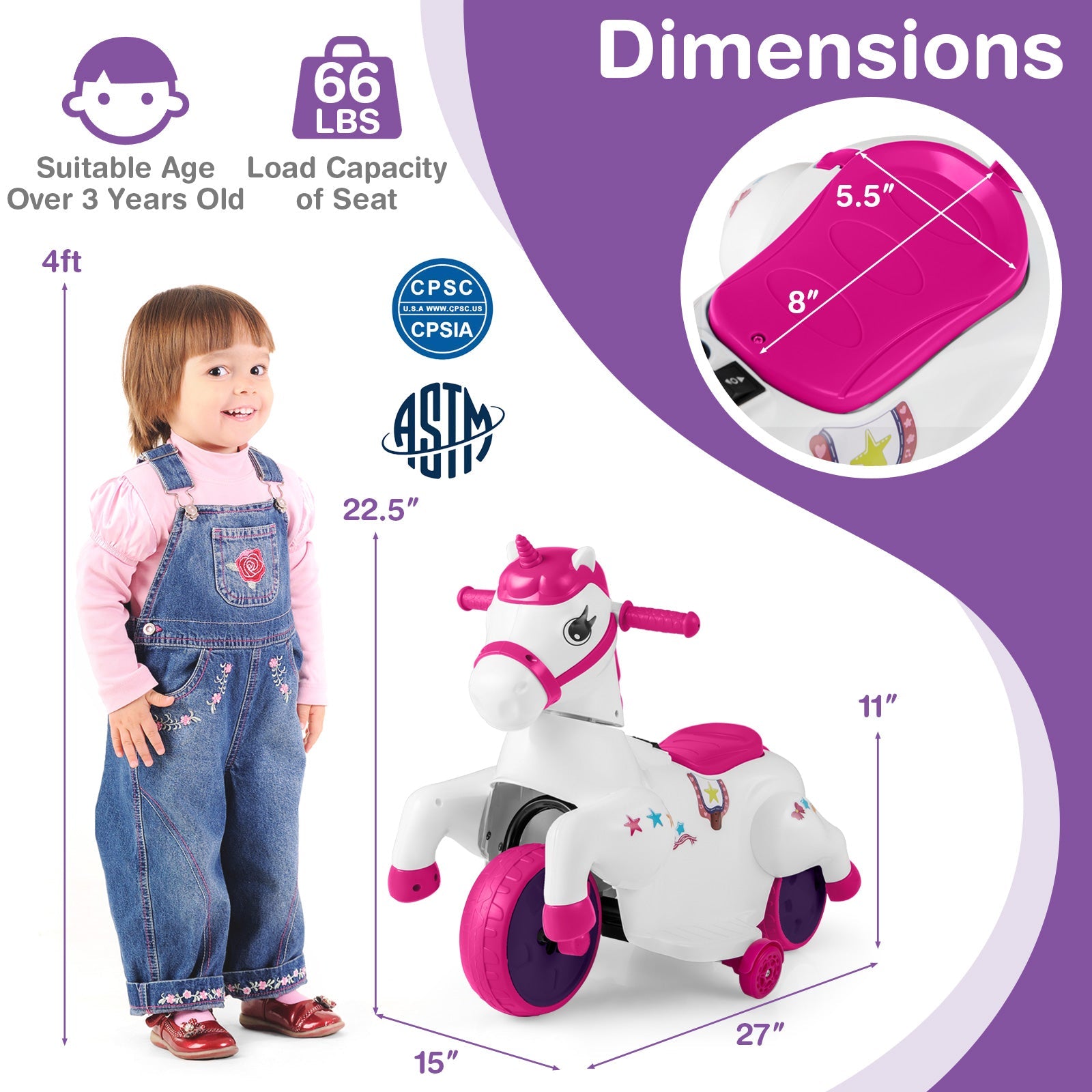 12V Unicorn Ride on Toy with Training Wheels and Horse Riding Mode