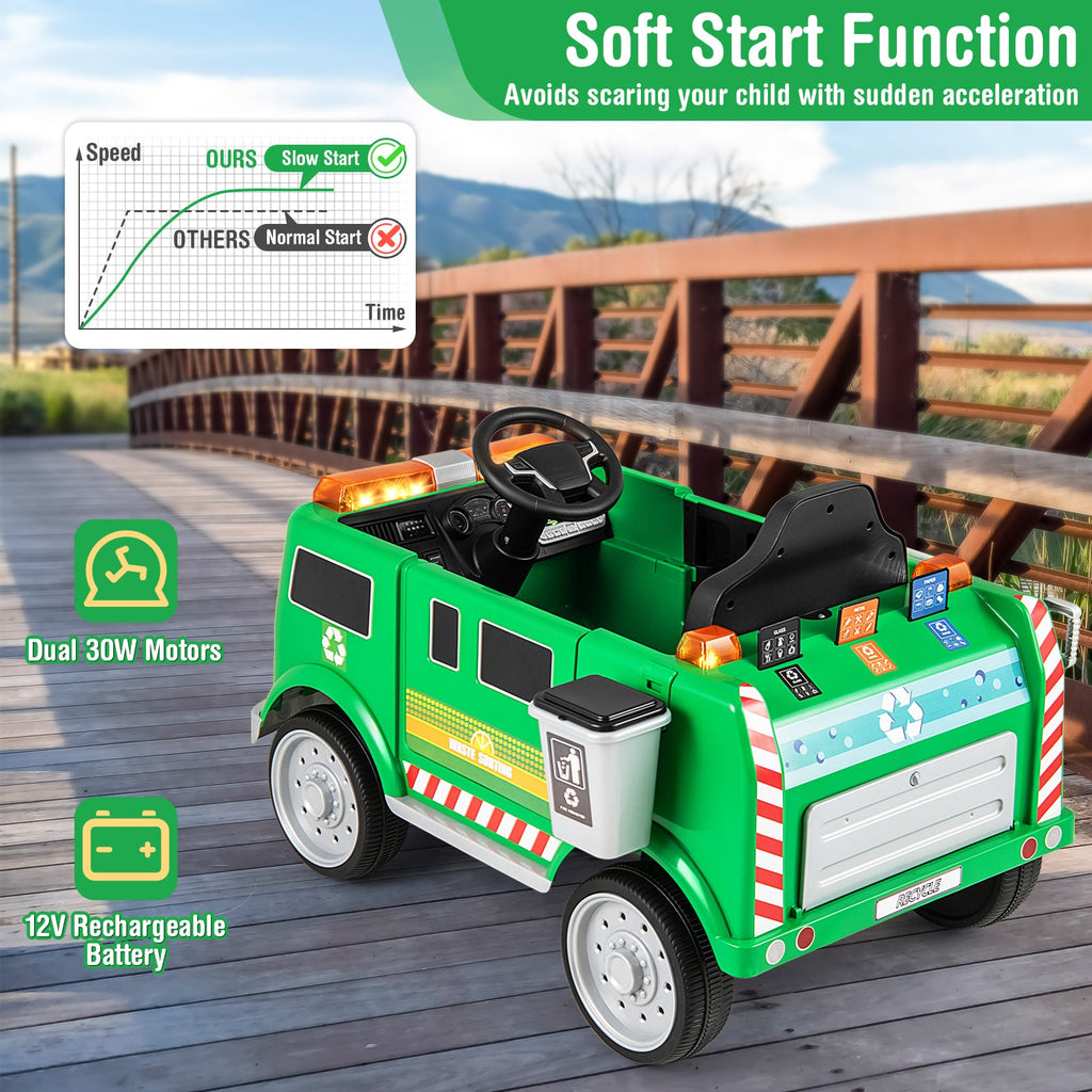 12V Battery Powered Electric Vehicle with Remote Control and Trash Bin-Green