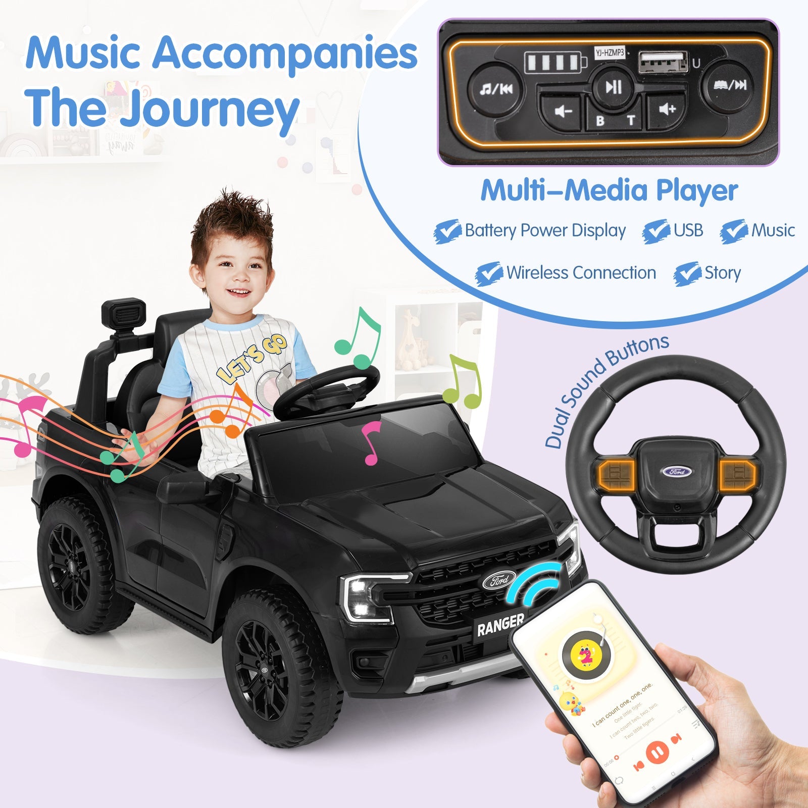 12V Electric Kids Ride on Car Licensed Ford Ranger with Remote Control and Music