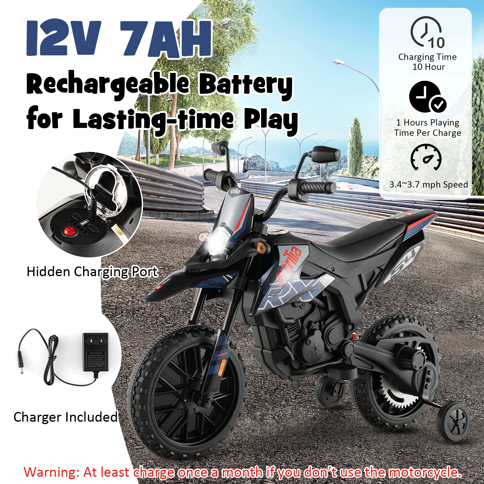 Aprilia Licensed Kids Ride On Motorcycle with 2 Training Wheels