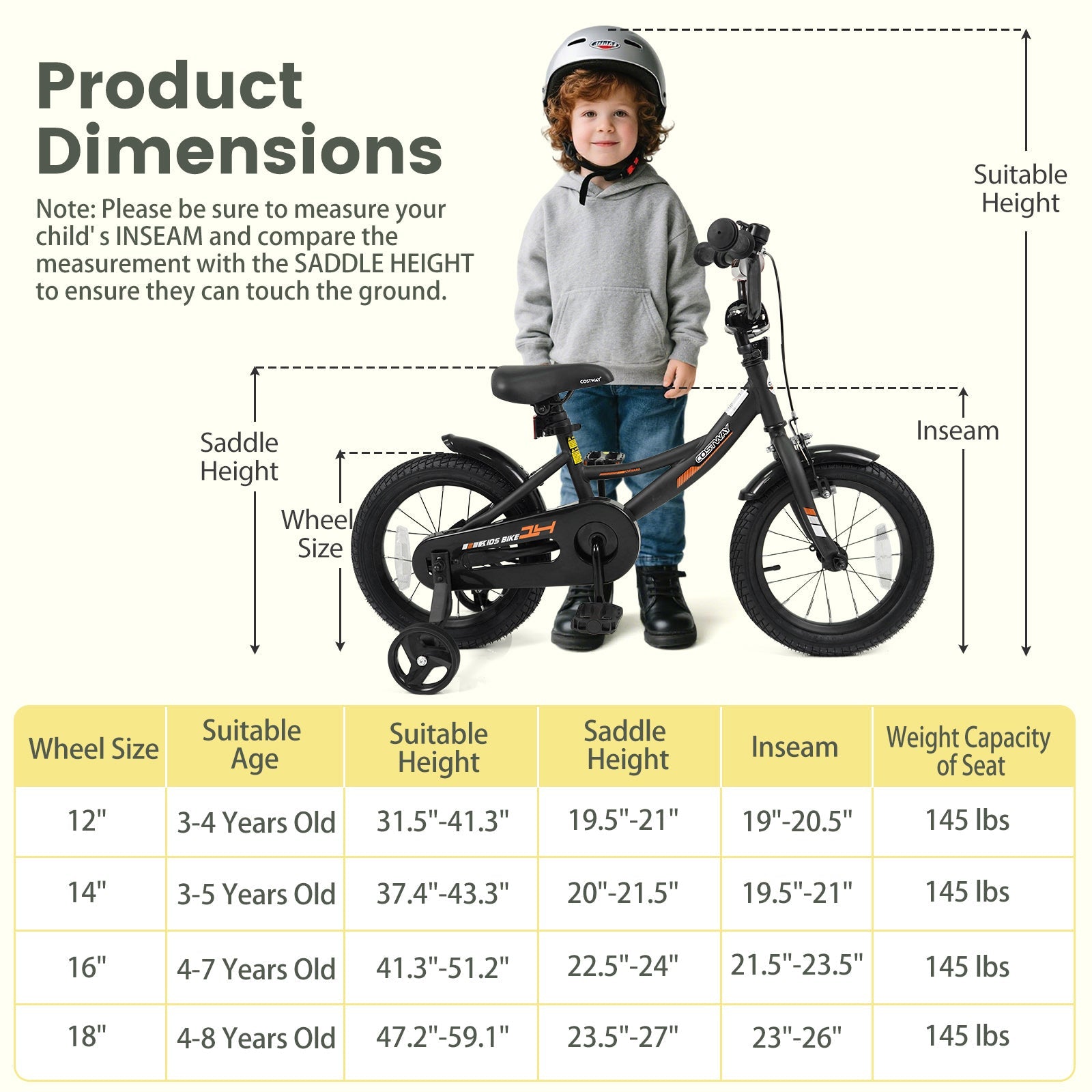 12/14/16/18 Inches Kids Bike with Removable Training Wheels and Adjustable Seatfor 3-8 Years Old Black