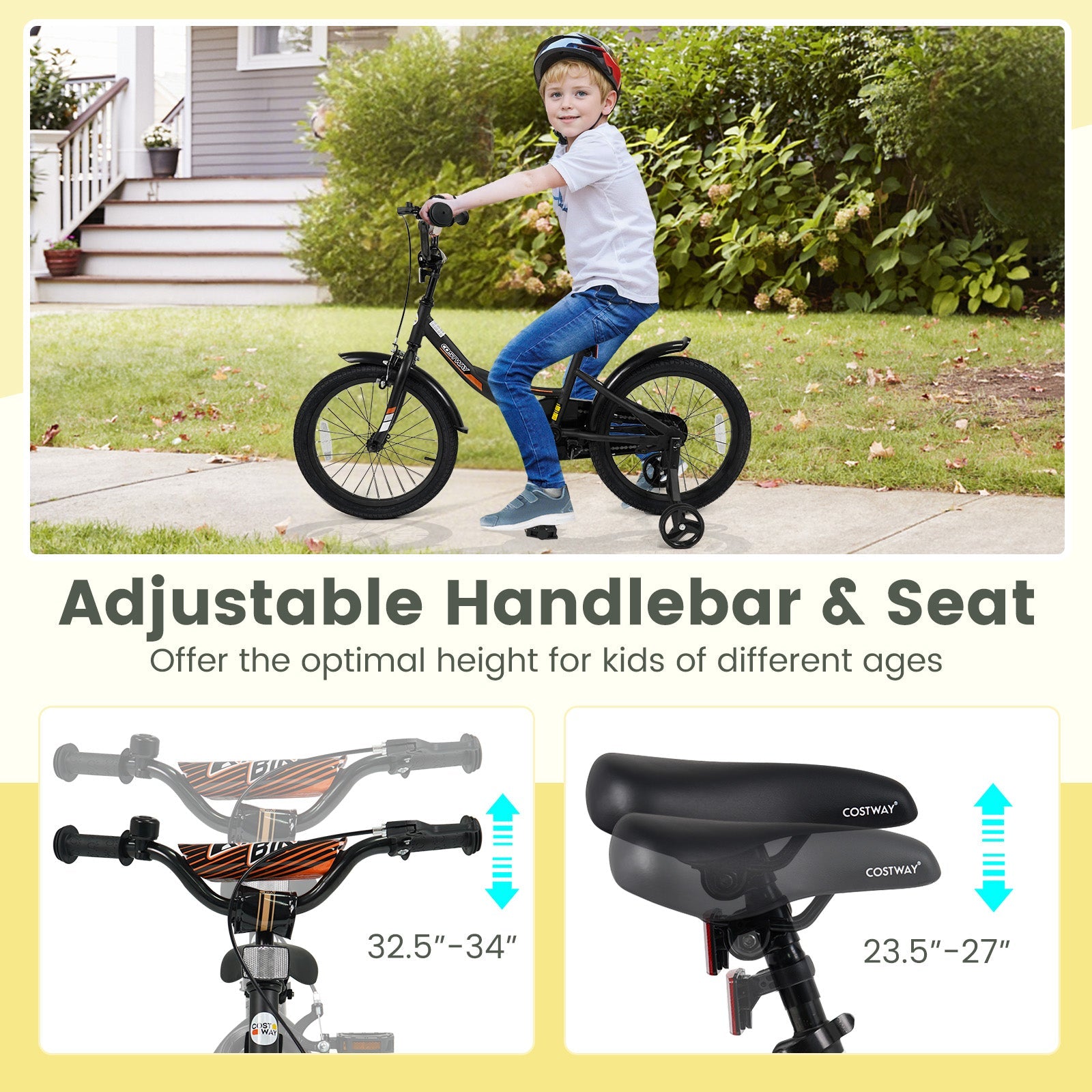12/14/16/18 Inches Kids Bike with Removable Training Wheels and Adjustable Seatfor 3-8 Years Old Black