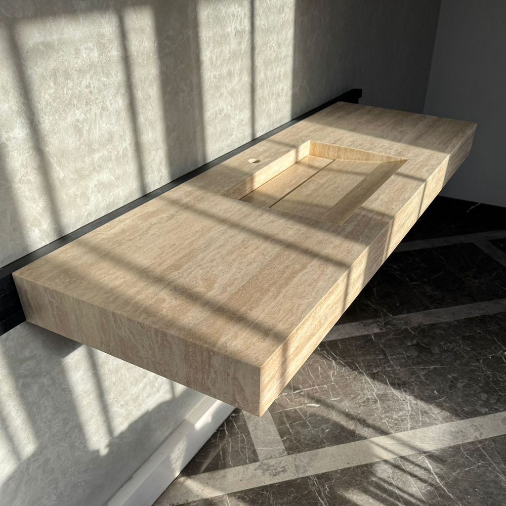 Vein Cut Travertine Natural Stone Bathroom Sink - Handmade Modern