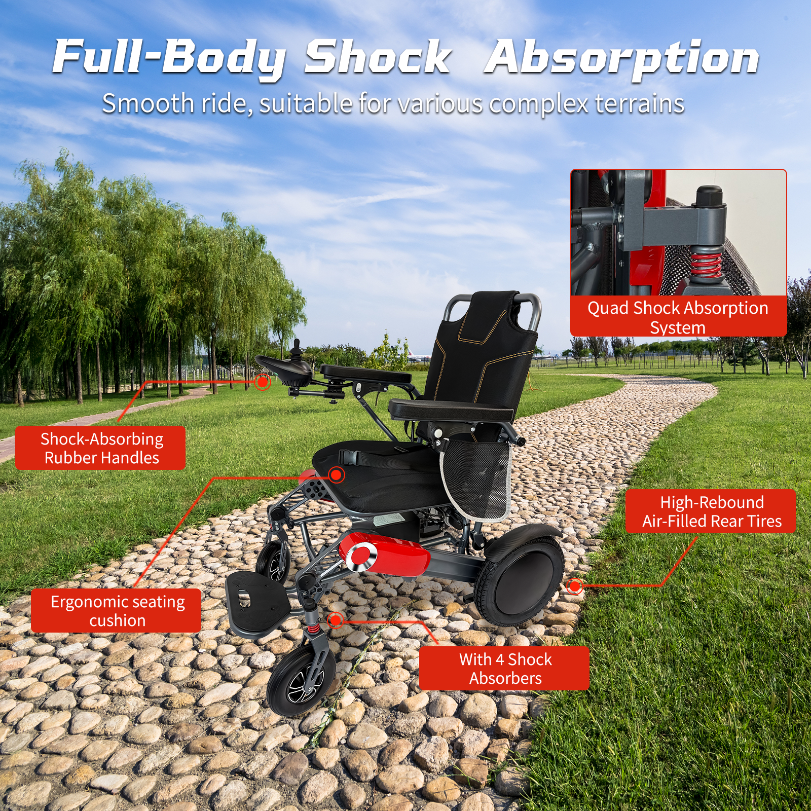 Wheelchair Electric Foldable Aluminum 300 LB 15 Mile Range Black Red