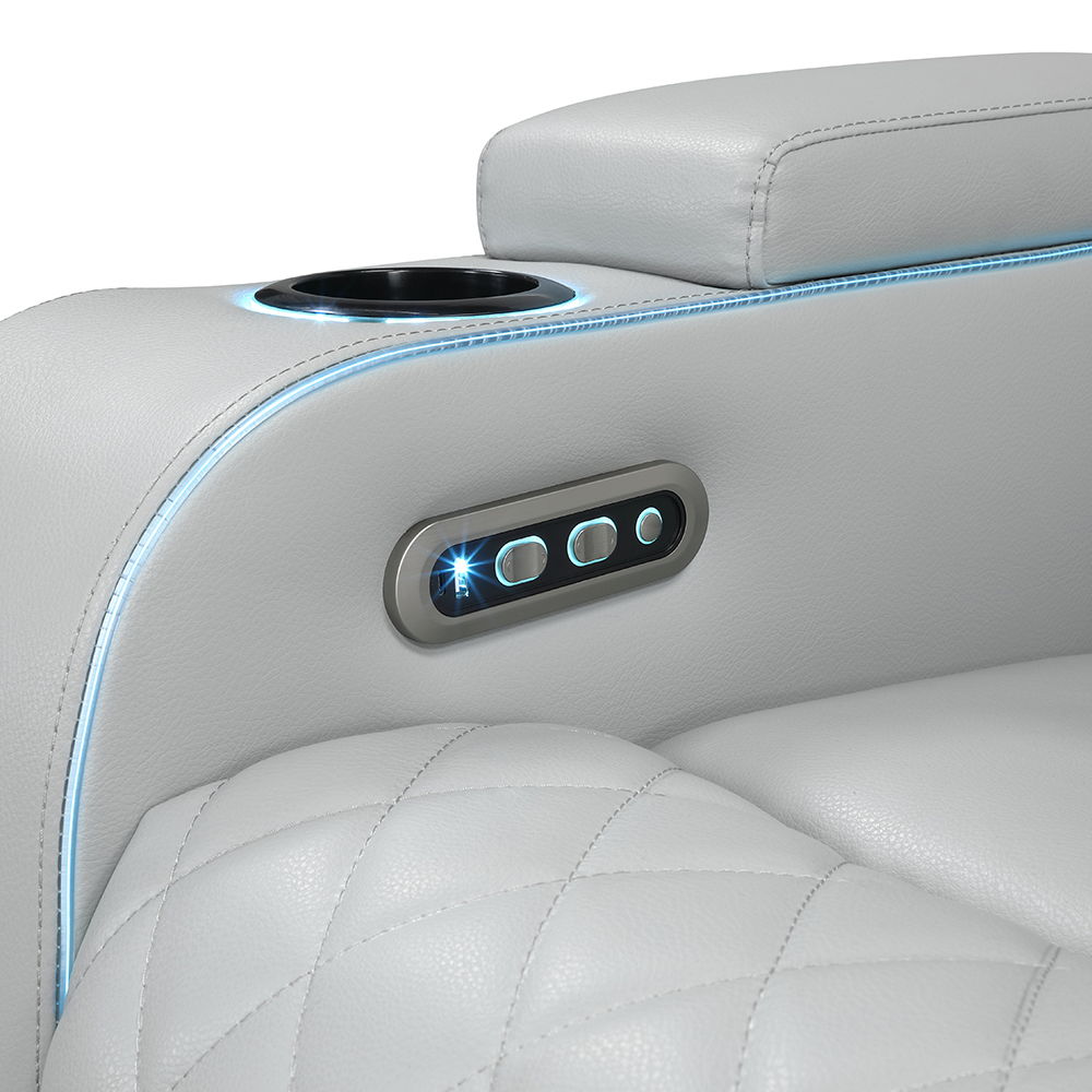 Elonzo - Power Motion Loveseat With Console, LED, Power Headrest & Speaker - Light Gray
