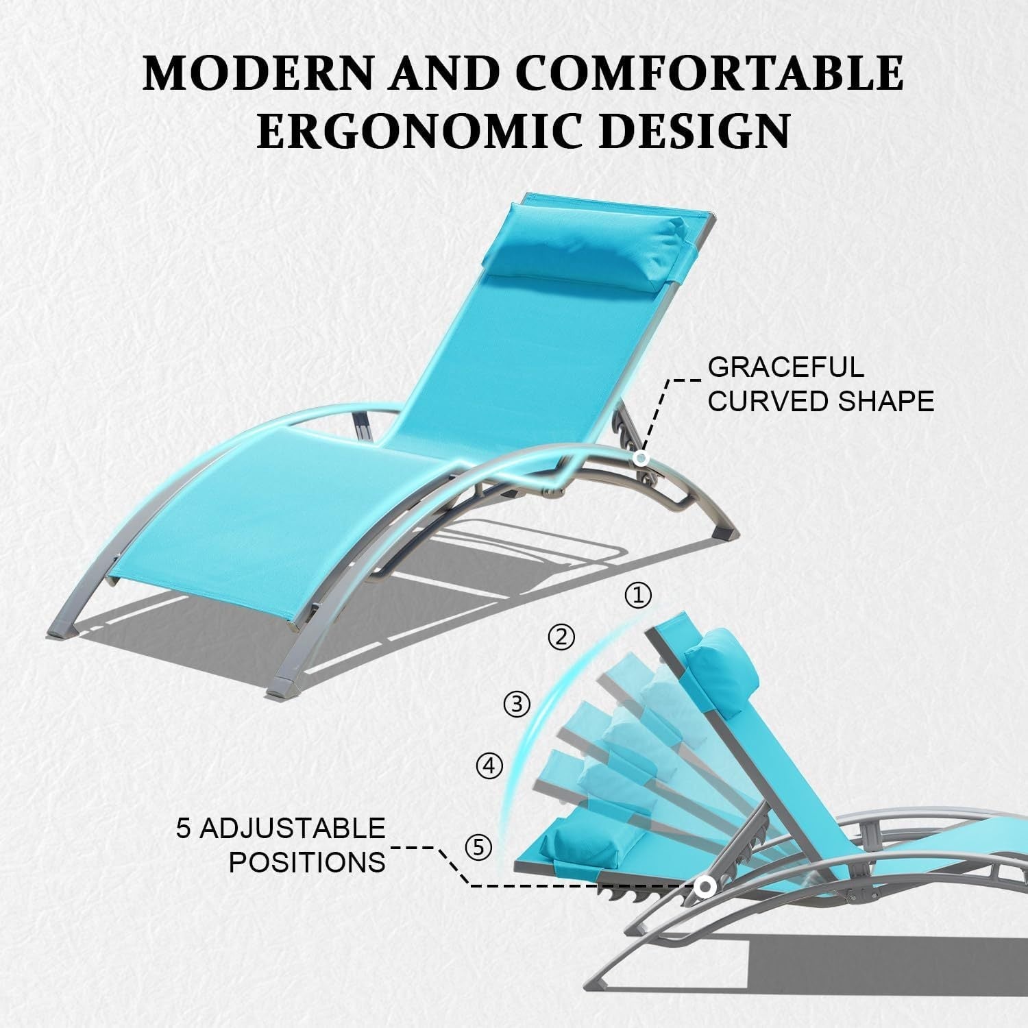 Outdoor Lounge Chair Aluminum Lake Blue Textilene 5 Position Set 2 350 LB
