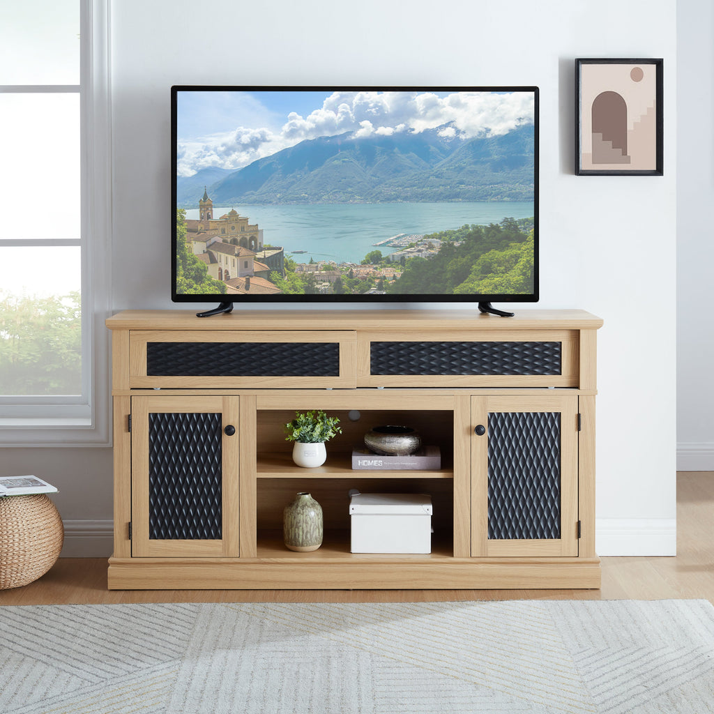 TV Stand Farmhouse Light Oak MDF Embossed Doors 3-Shelf Fits 65 In TV 58.27 In