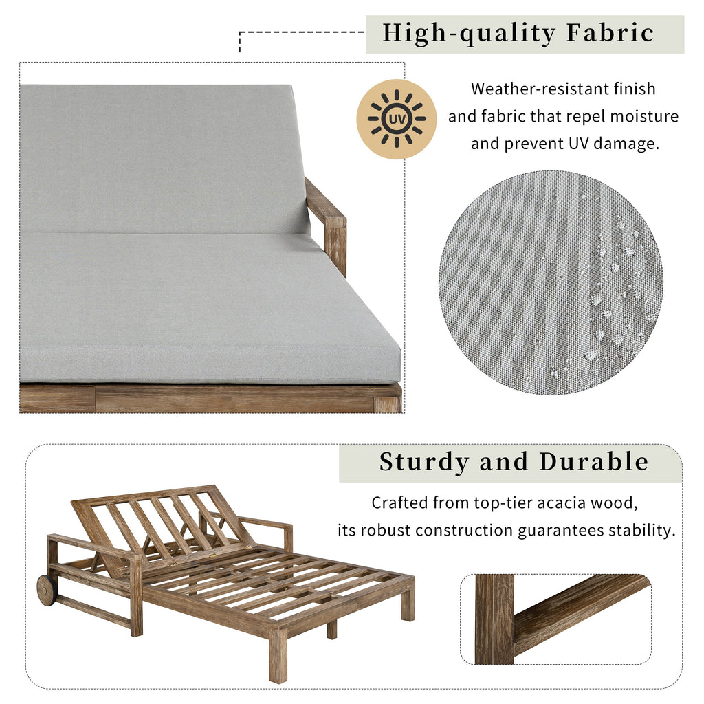 Outdoor Daybed Acacia Wood Farmhouse Gray with Wheels 2 Person