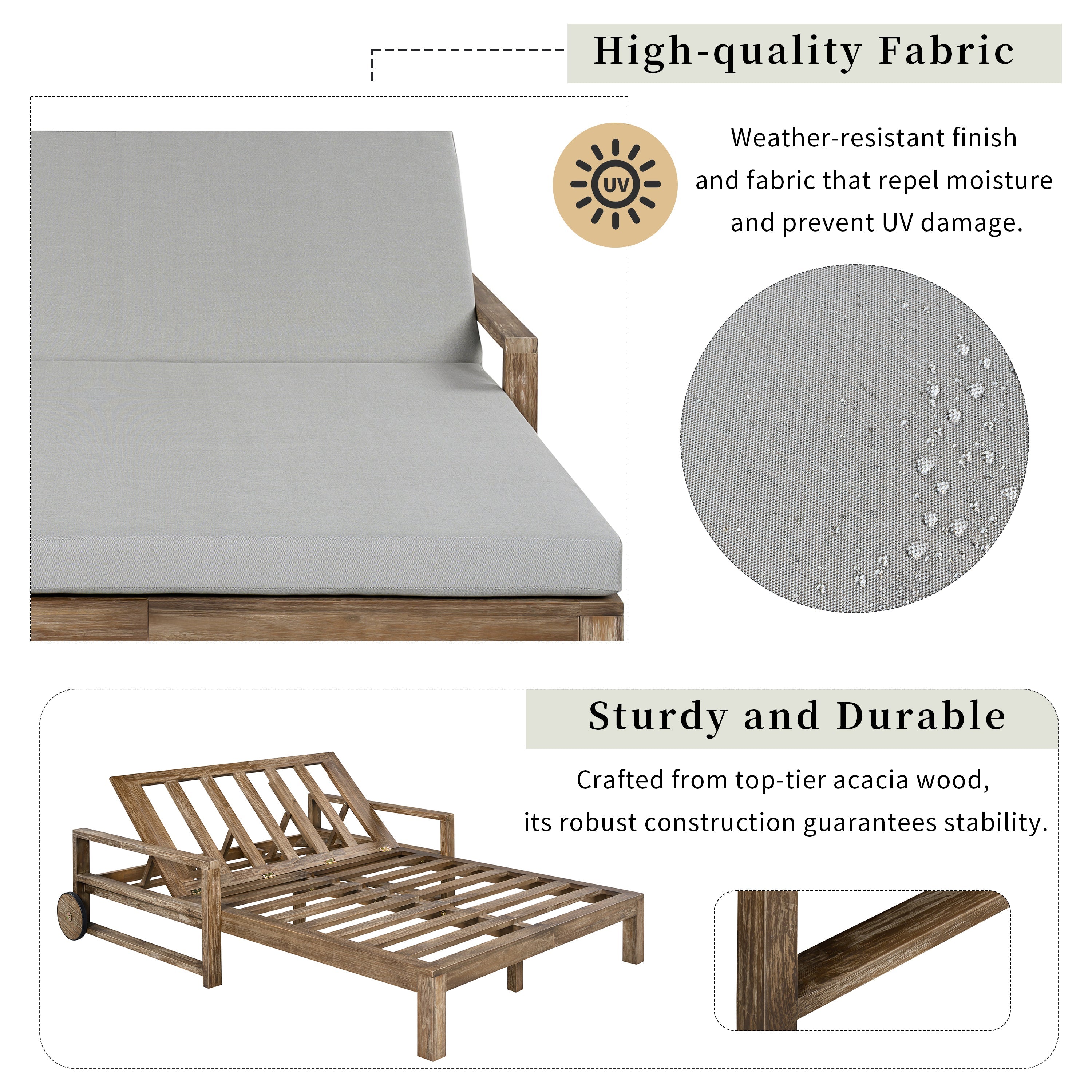 Outdoor Daybed Acacia Wood Farmhouse Gray with Wheels 2 Person