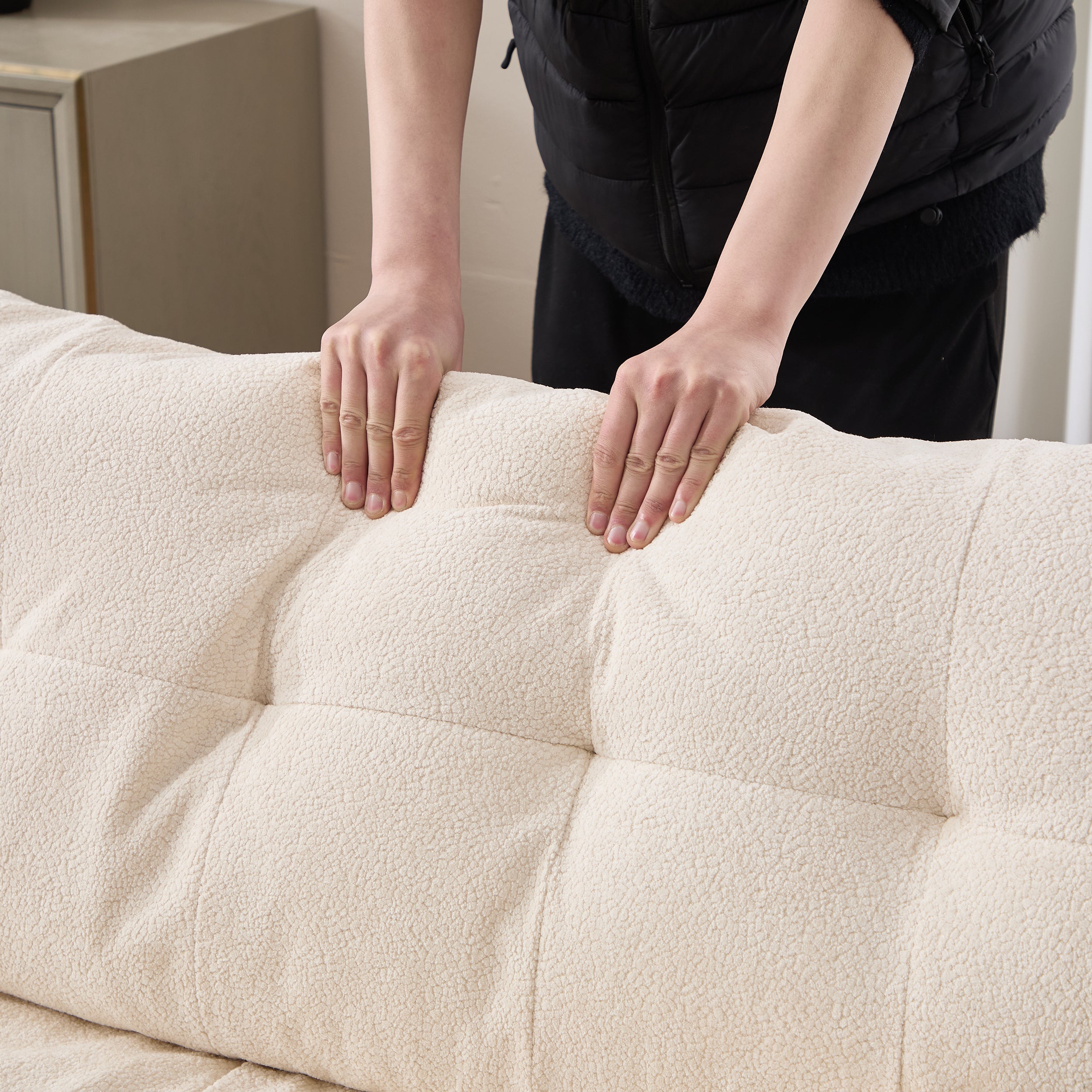 Sectional Sofa Cloud Modular Flannelette Beige 3 Seat 123 In 5 Pillows