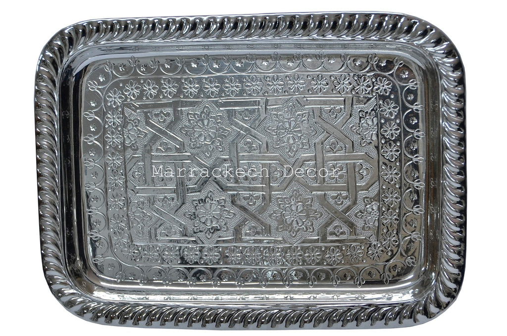 13.3 Inch Rectangular Moroccan Handmade Serving Tea Tray Silver Plated Brass Handcrafted Plate in Fez Morocco