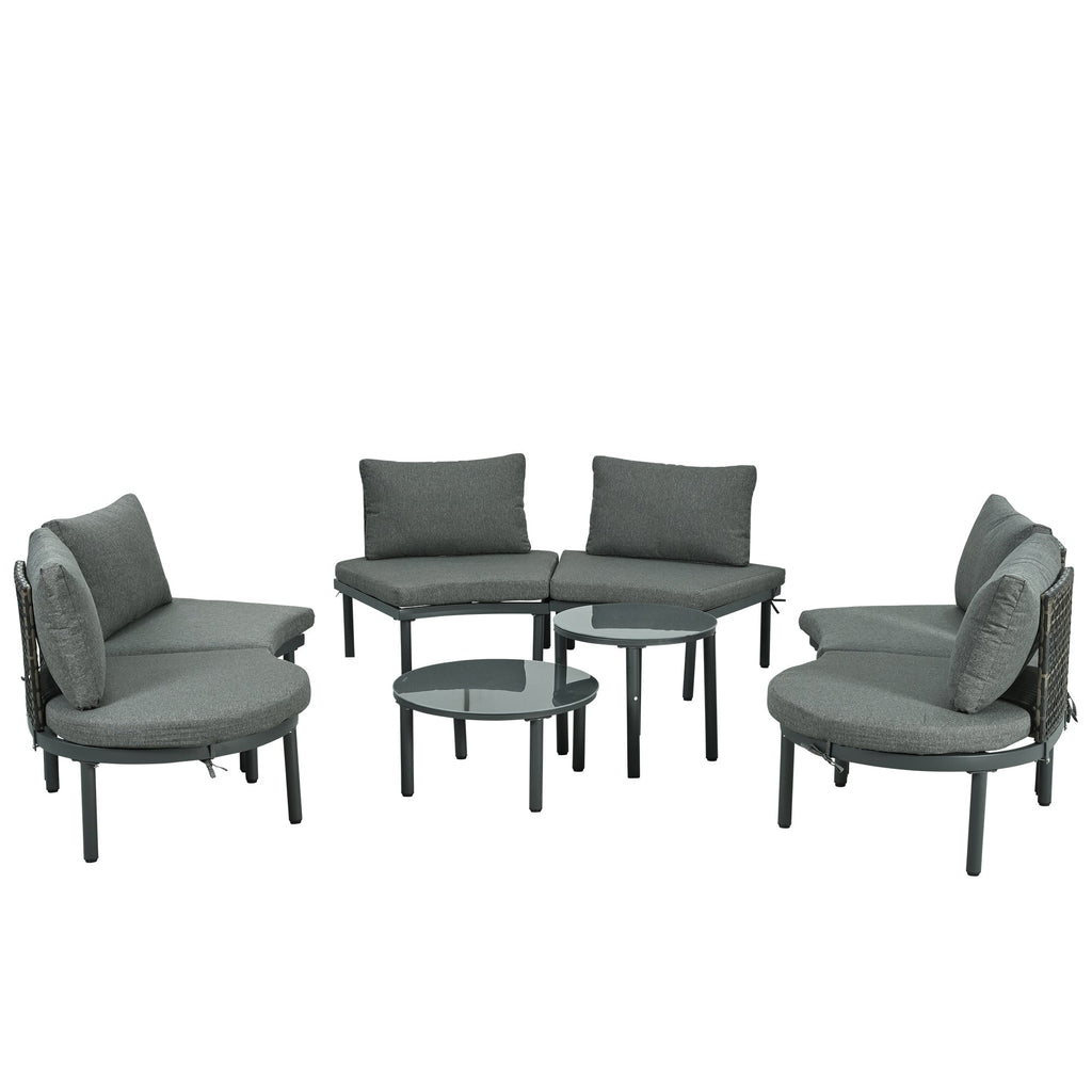 Outdoor Patio Set Half Moon Wicker Aluminum Gray 8 Piece 2 Tables
