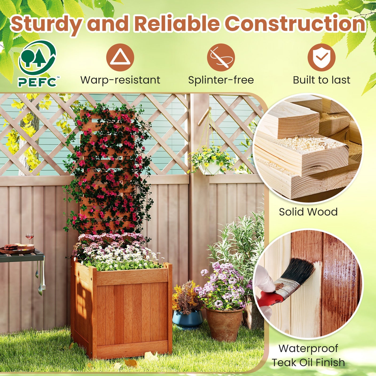 Outdoor Wooden Raised Garden Bed with Trellis
