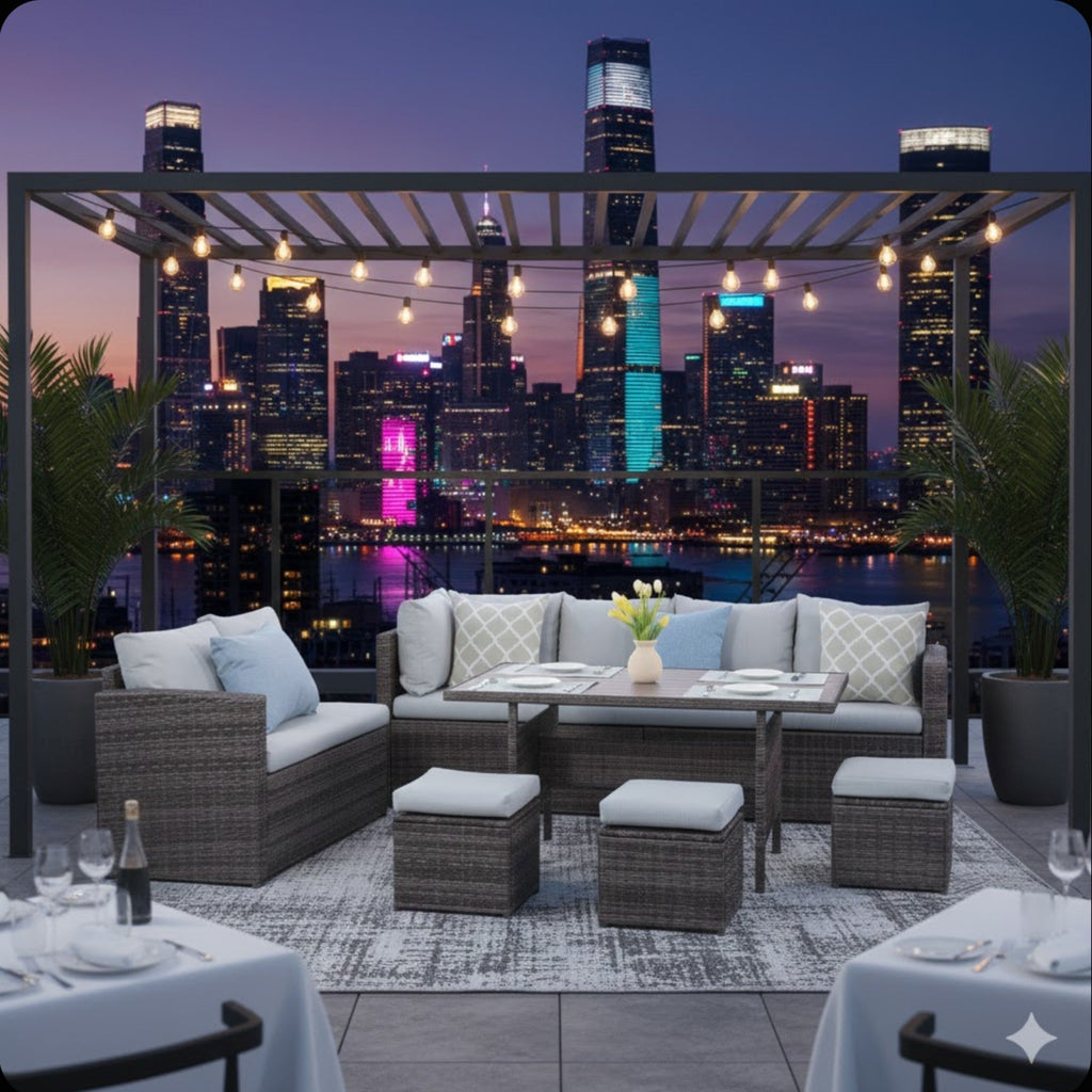 Outdoor Sectional Set PE Rattan Steel Gray Cushion 7 Piece Seats 8