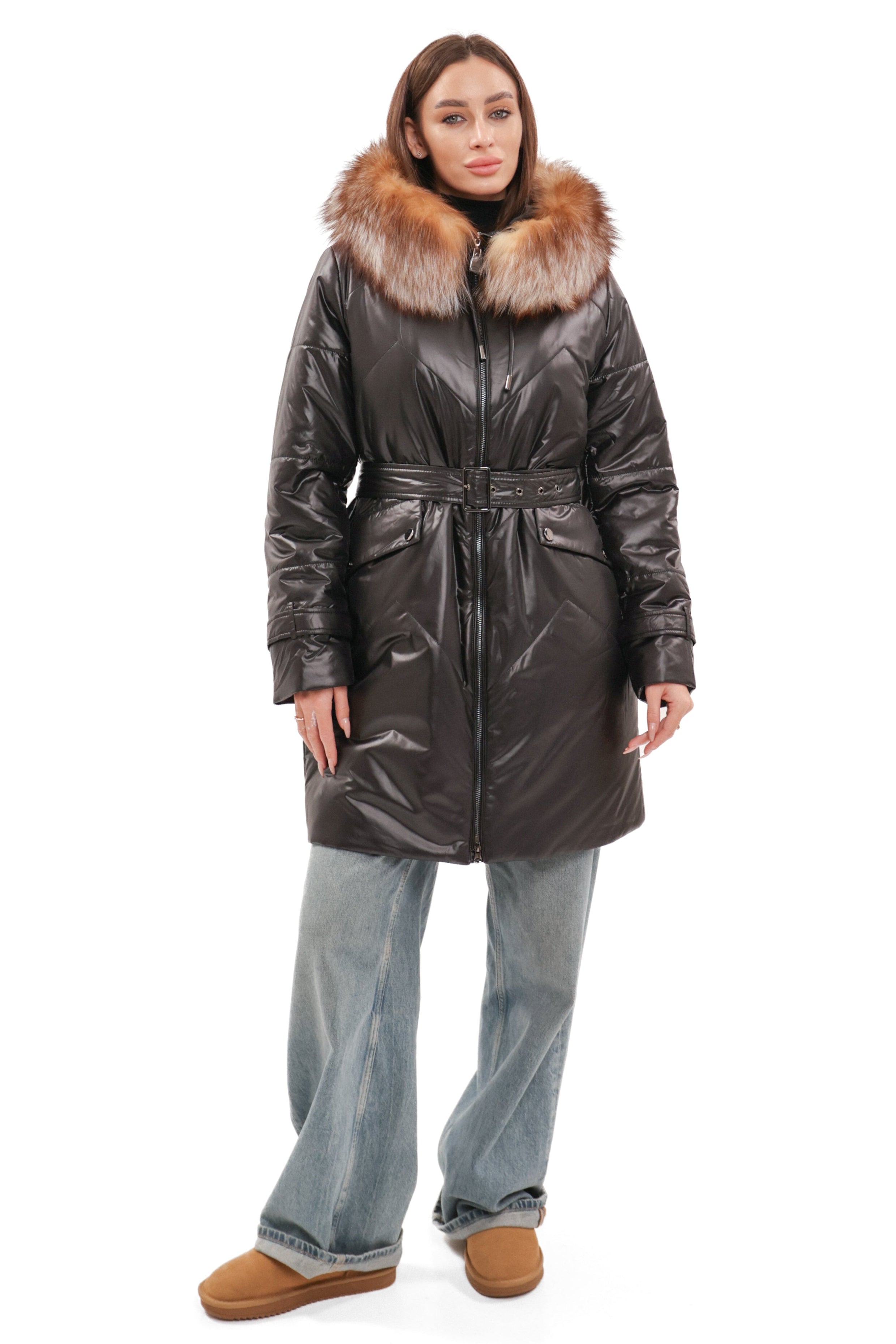 Genuine Fox Fur Trim Mid Length Coat