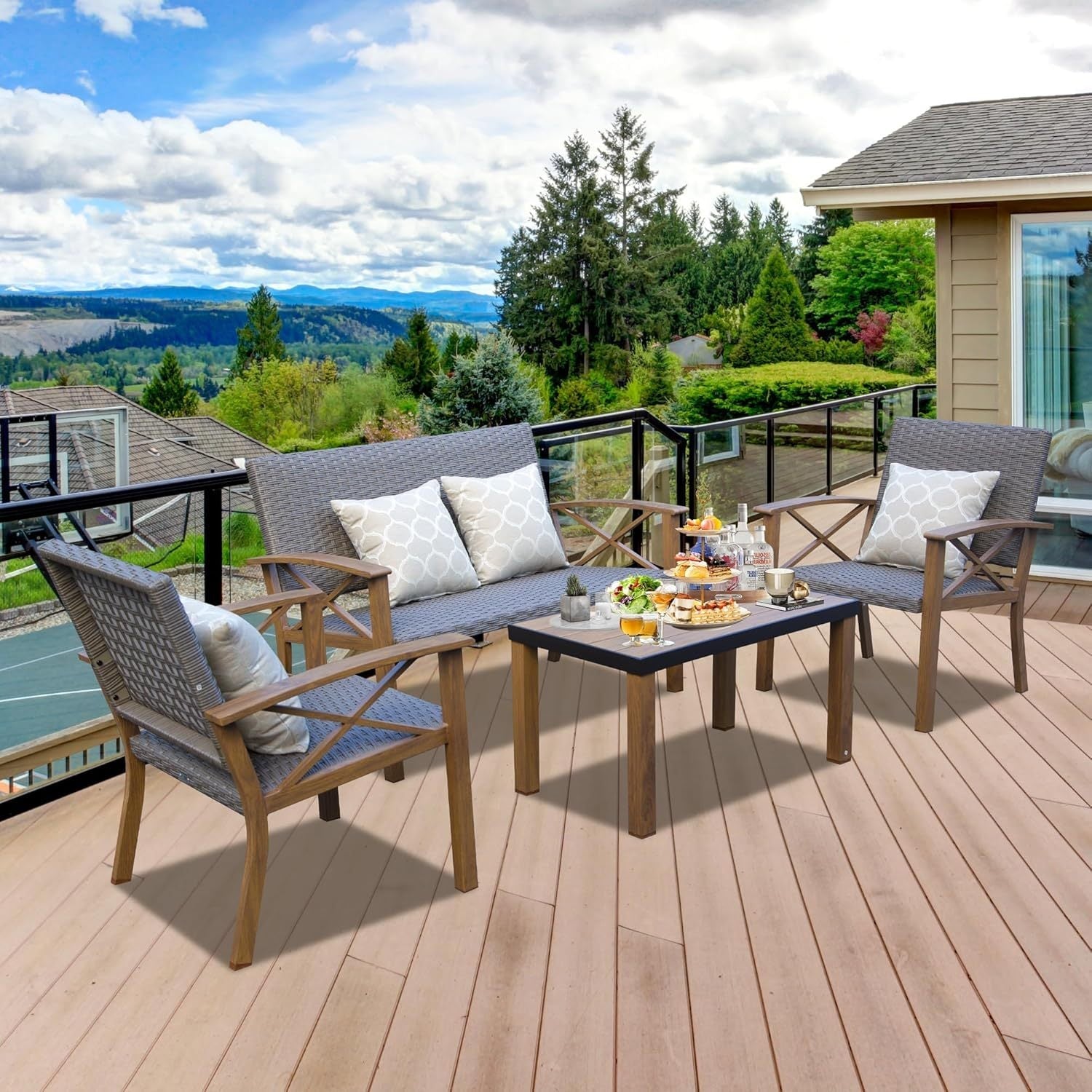 Outdoor Conversation Set Aluminum Woodgrain 4 Piece Sofa 2 Chairs Table