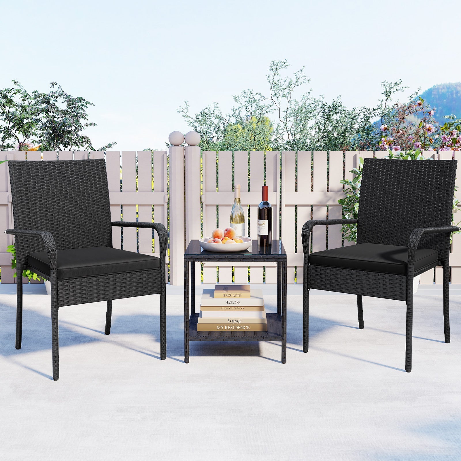 3 Piece Patio Furniture Set with Seat Cushions and Tempered Glass Tabletop