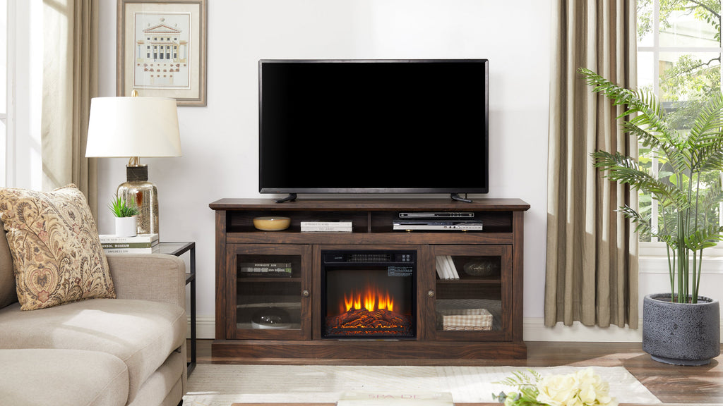 TV Stand Fireplace American Traditional Brown MDF 1400W Fits 65 In TV 60 In