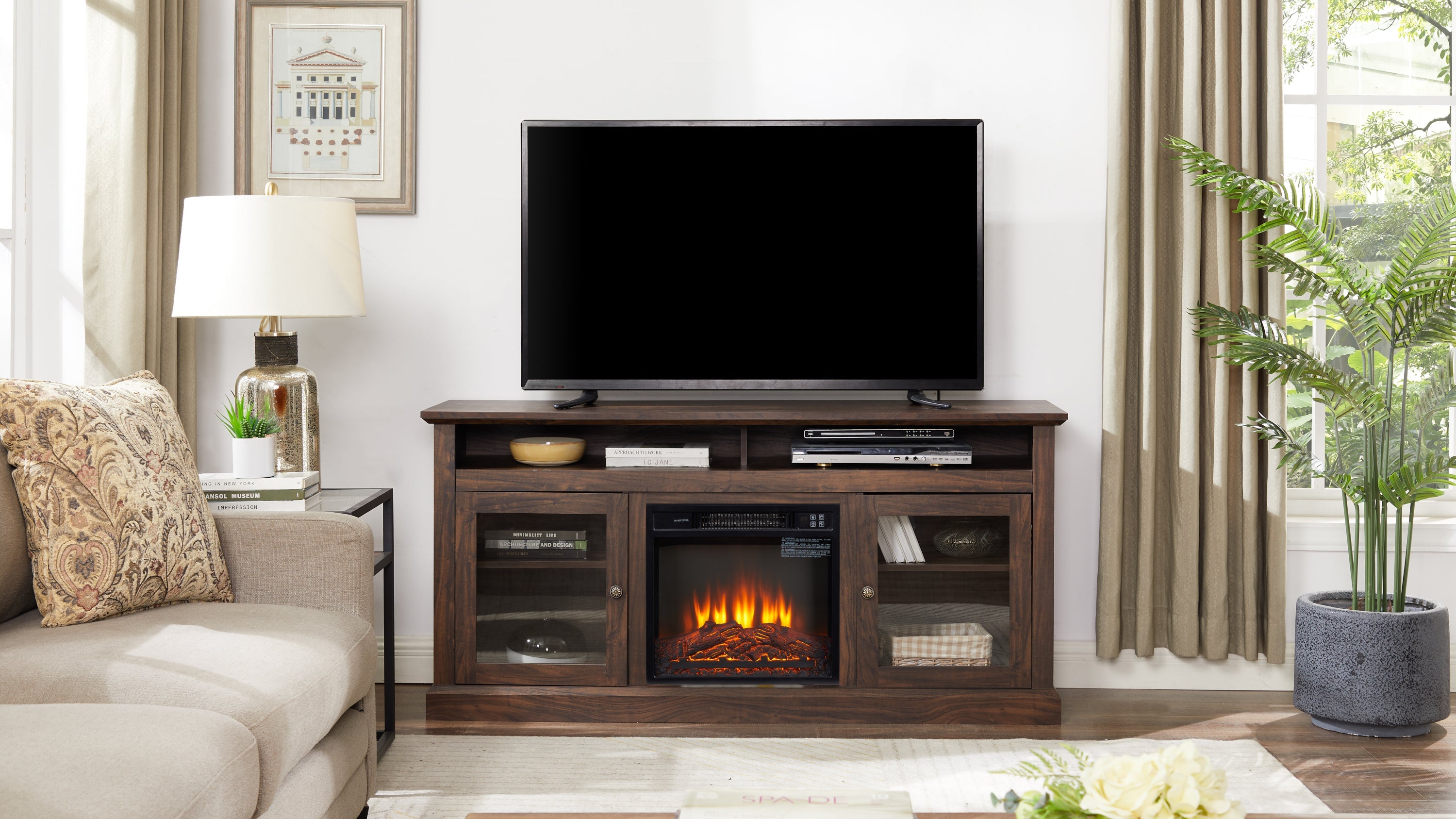 TV Stand Fireplace American Traditional Brown MDF 1400W Fits 65 In TV 60 In