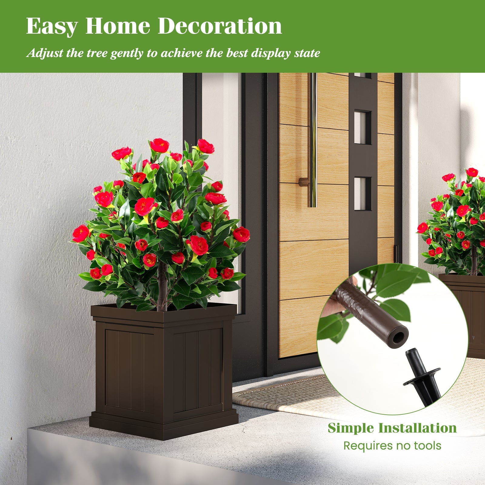 31 Inches Artificial Camellia Tree Set 2 Pack Fake Flower Trees-Green