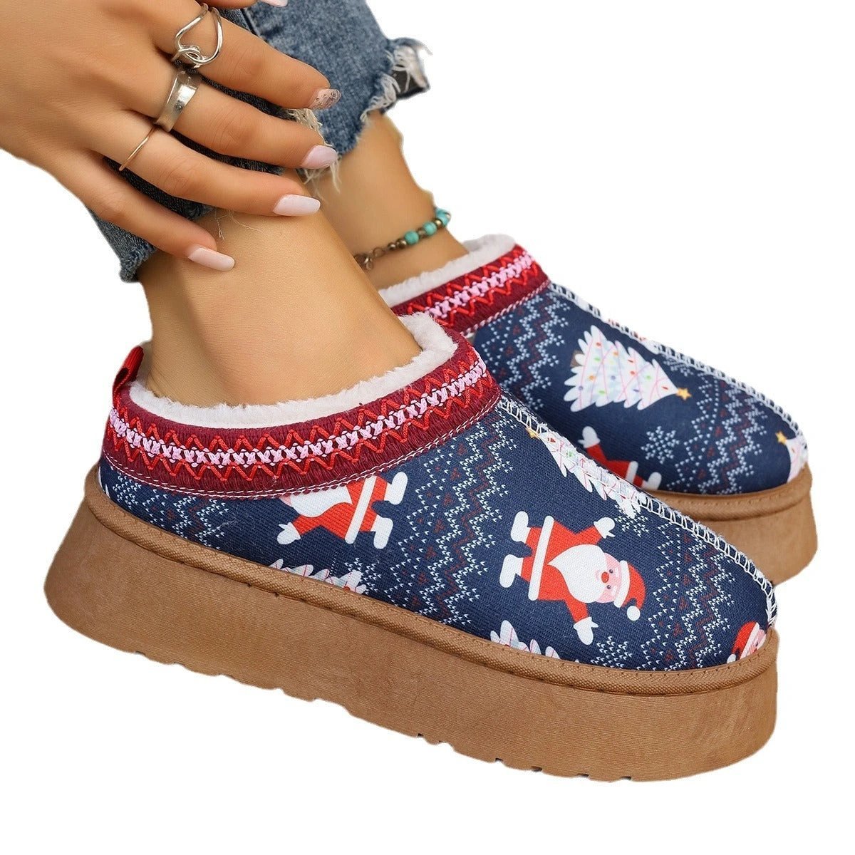 Mandotos Christmas Cartoon Print Plush Lined Slip On Navy Ankle Boots For Women Indoor Home Shoes