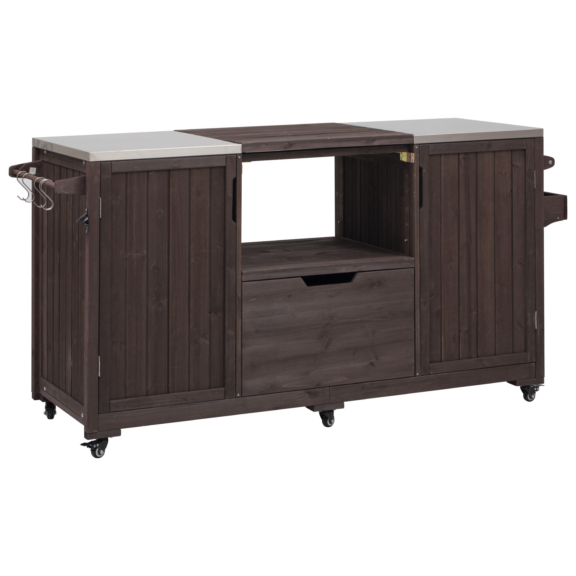 Outdoor Kitchen Island Grill Cart Fir Wood Stainless Steel 66.5