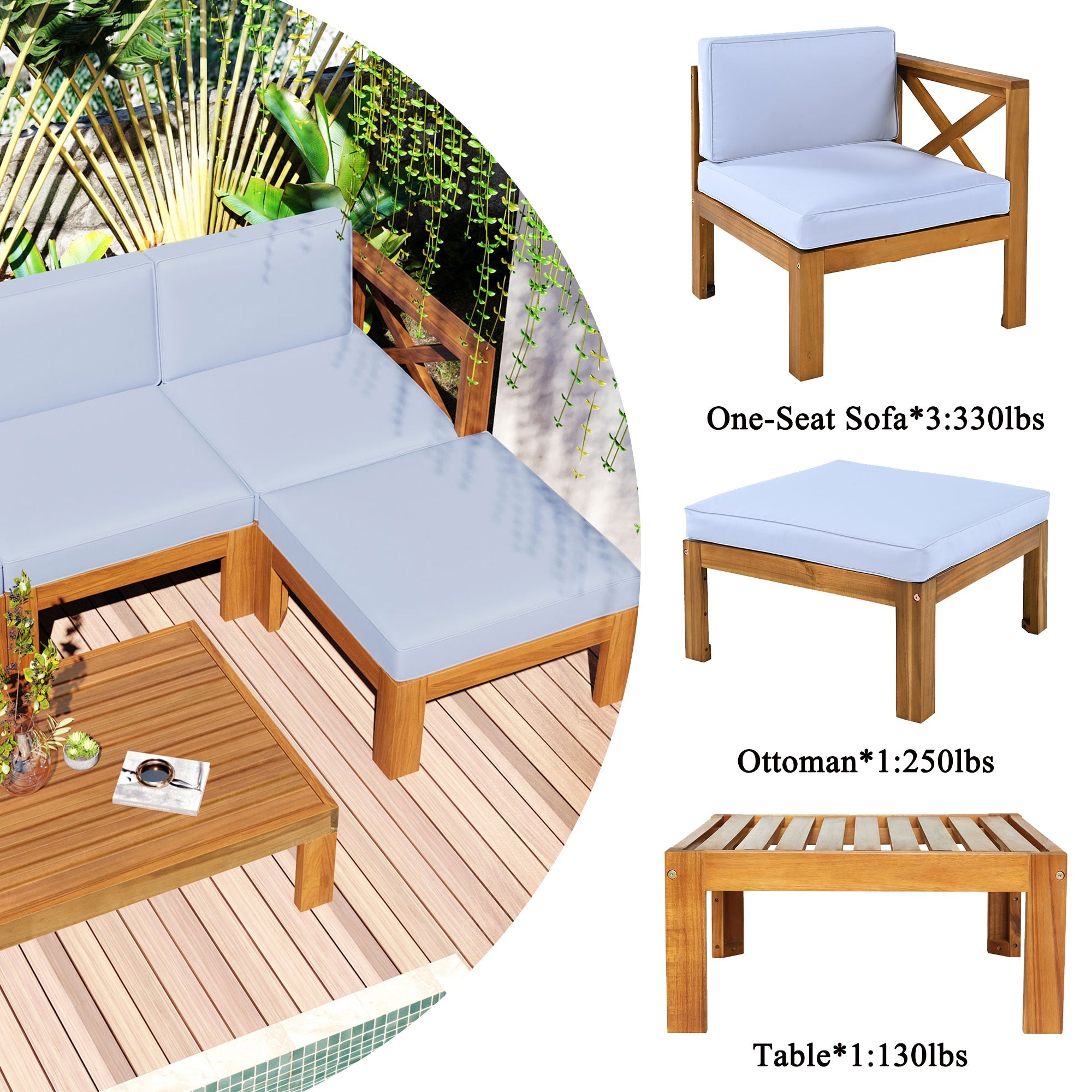 Outdoor Patio Sectional Set Acacia Wood Gray Cushions 5 Piece X-Back