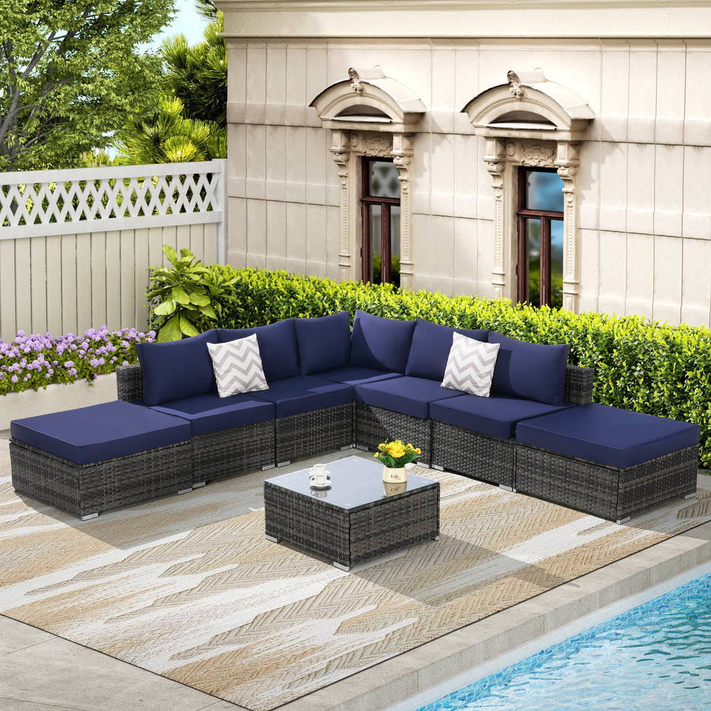Outdoor Sectional Set PE Rattan Steel Dark Blue 8 Piece Seats 8 380 LB
