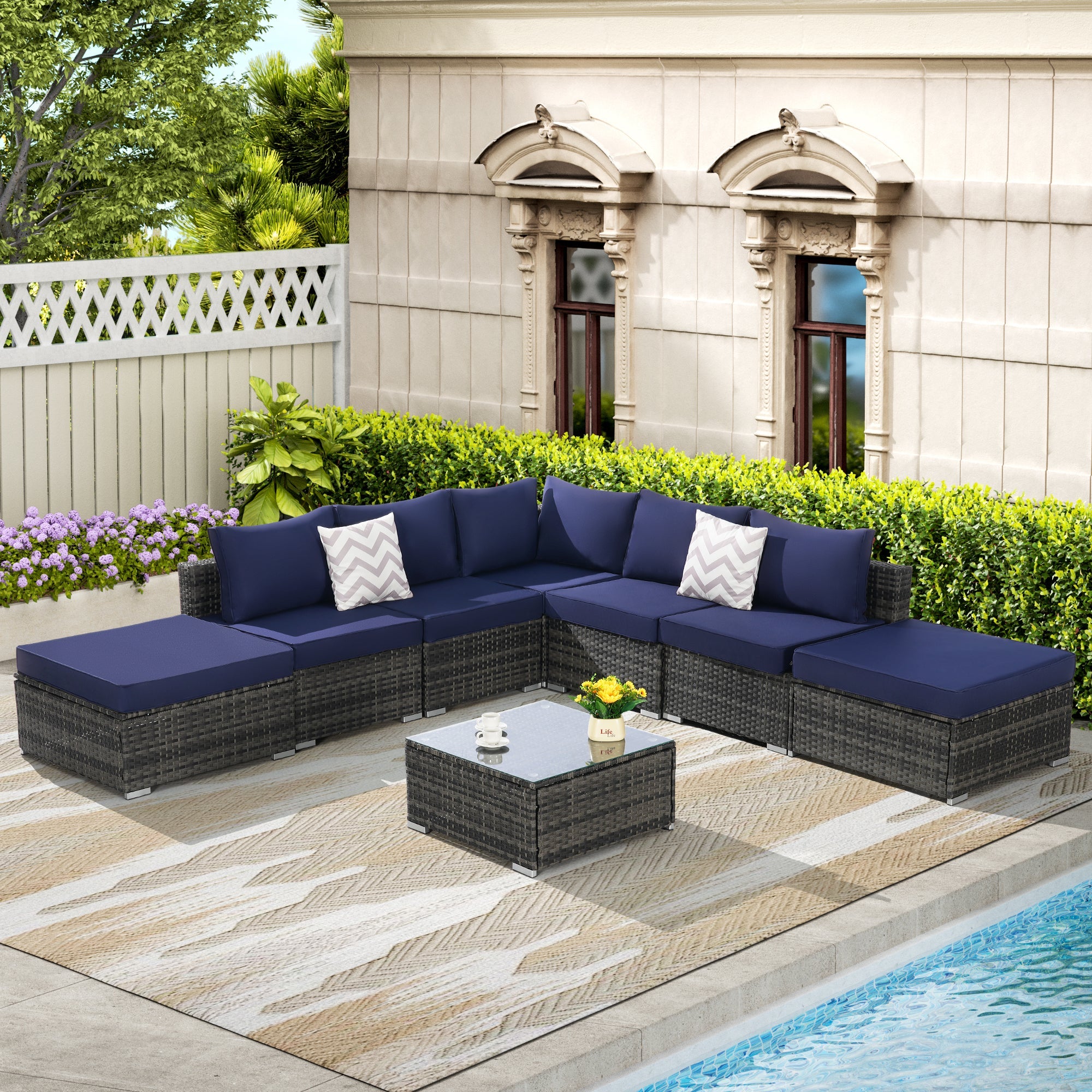 Outdoor Sectional Set PE Rattan Steel Dark Blue 8 Piece Seats 8 380 LB
