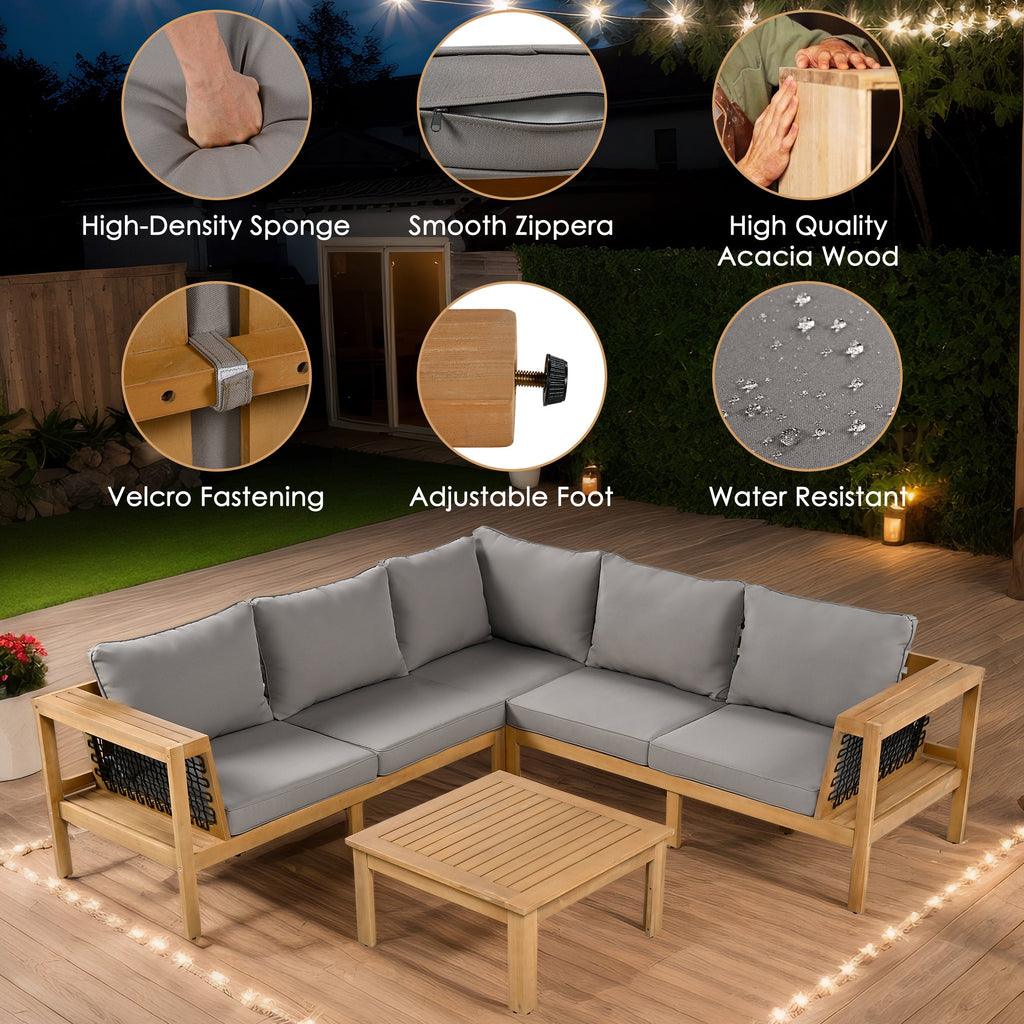 Outdoor Sofa Set Acacia Wood Rope Gray Cushion 4 Piece L-Shape Seats 6