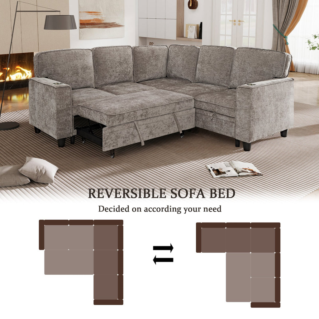 Sectional Sofa L-Shape Chenille Brown 5 Seat USB Ports Pull-Out 81 In