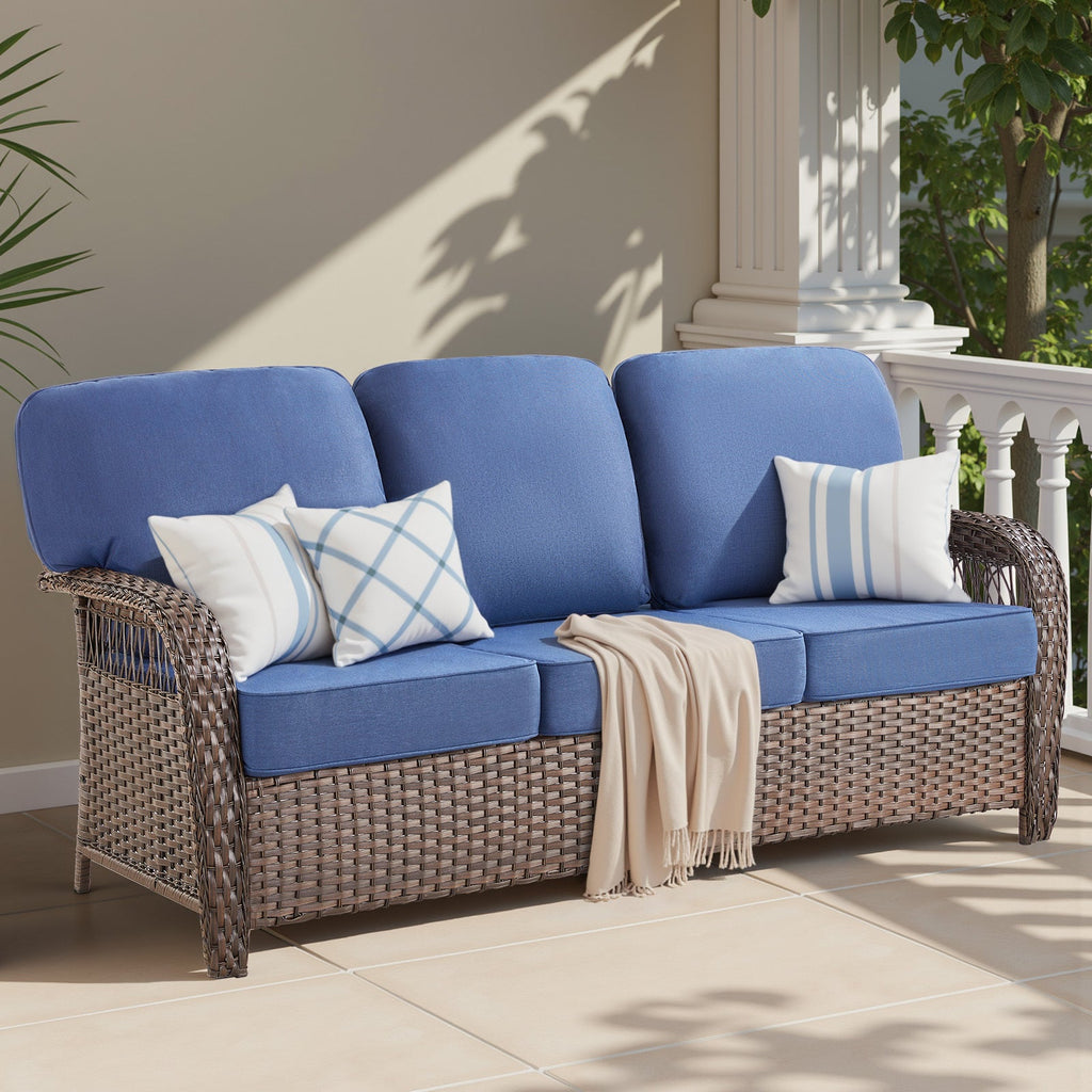 Outdoor Sofa T-Back PE Rattan Blue 3 Seat 5 in Foam Cushions 75in