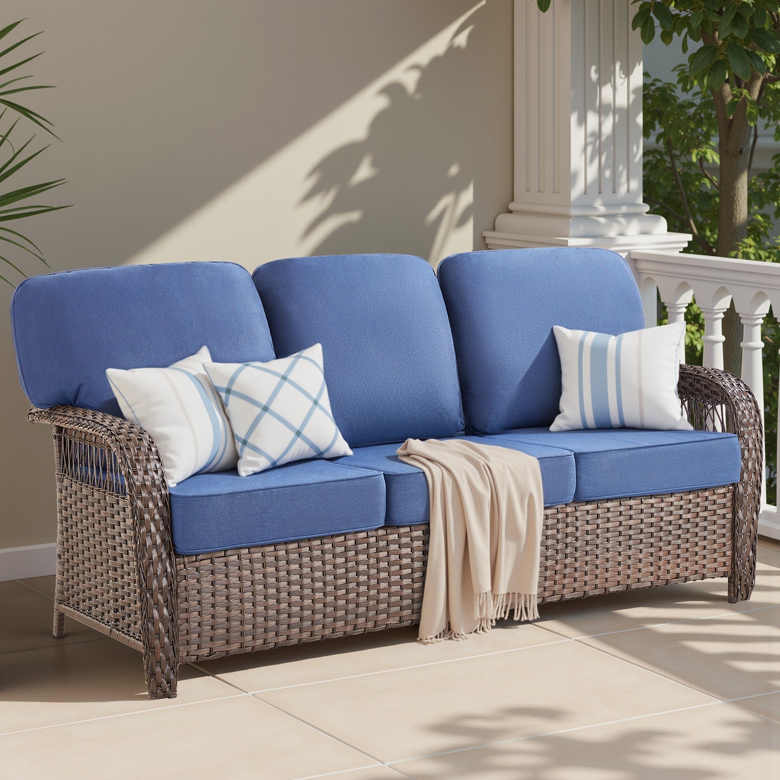 Outdoor Sofa T-Back PE Rattan Blue 3 Seat 5 in Foam Cushions 75in