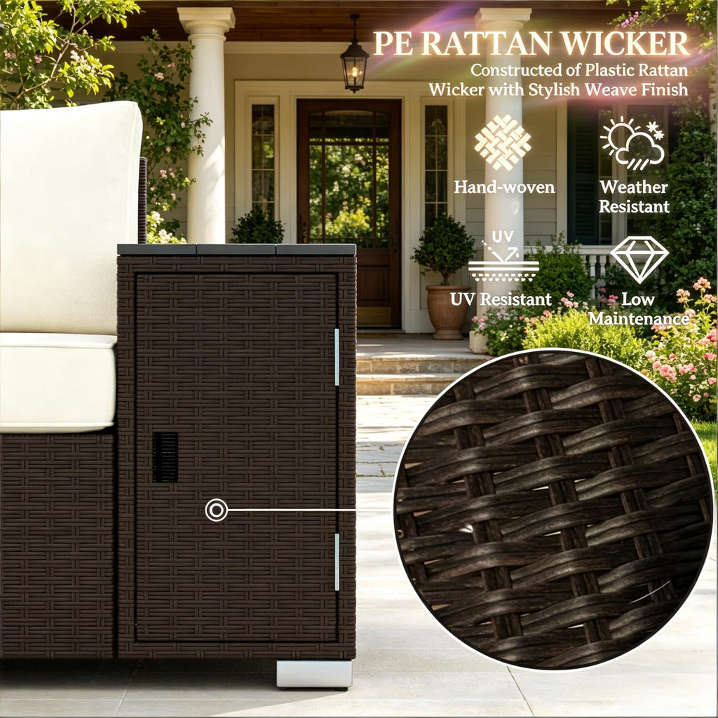 Outdoor Sofa Set Wicker Cream Brown 3 Seat Storage Armrests 794 lb Cap