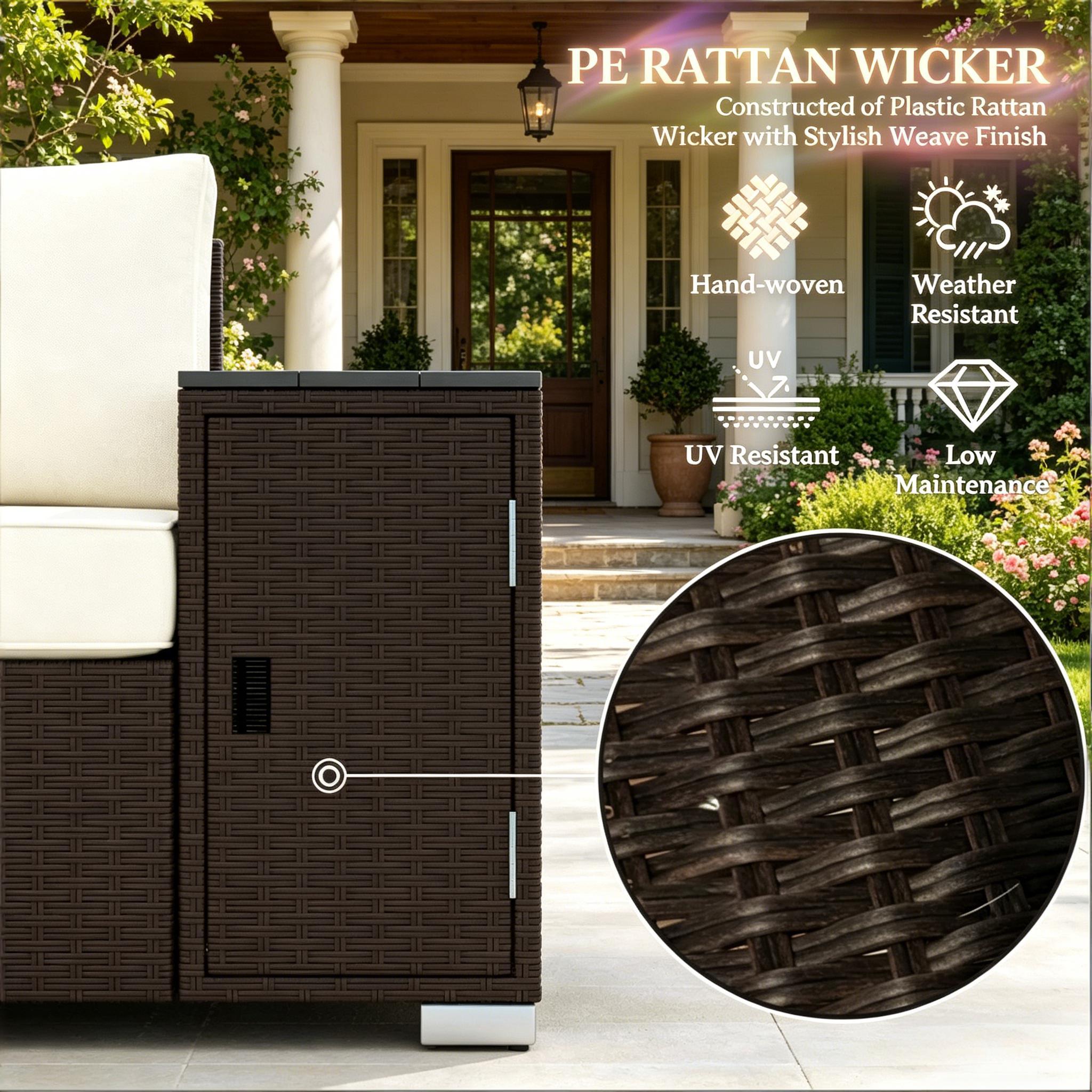 Outdoor Sofa Set Wicker Cream Brown 3 Seat Storage Armrests 794 lb Cap