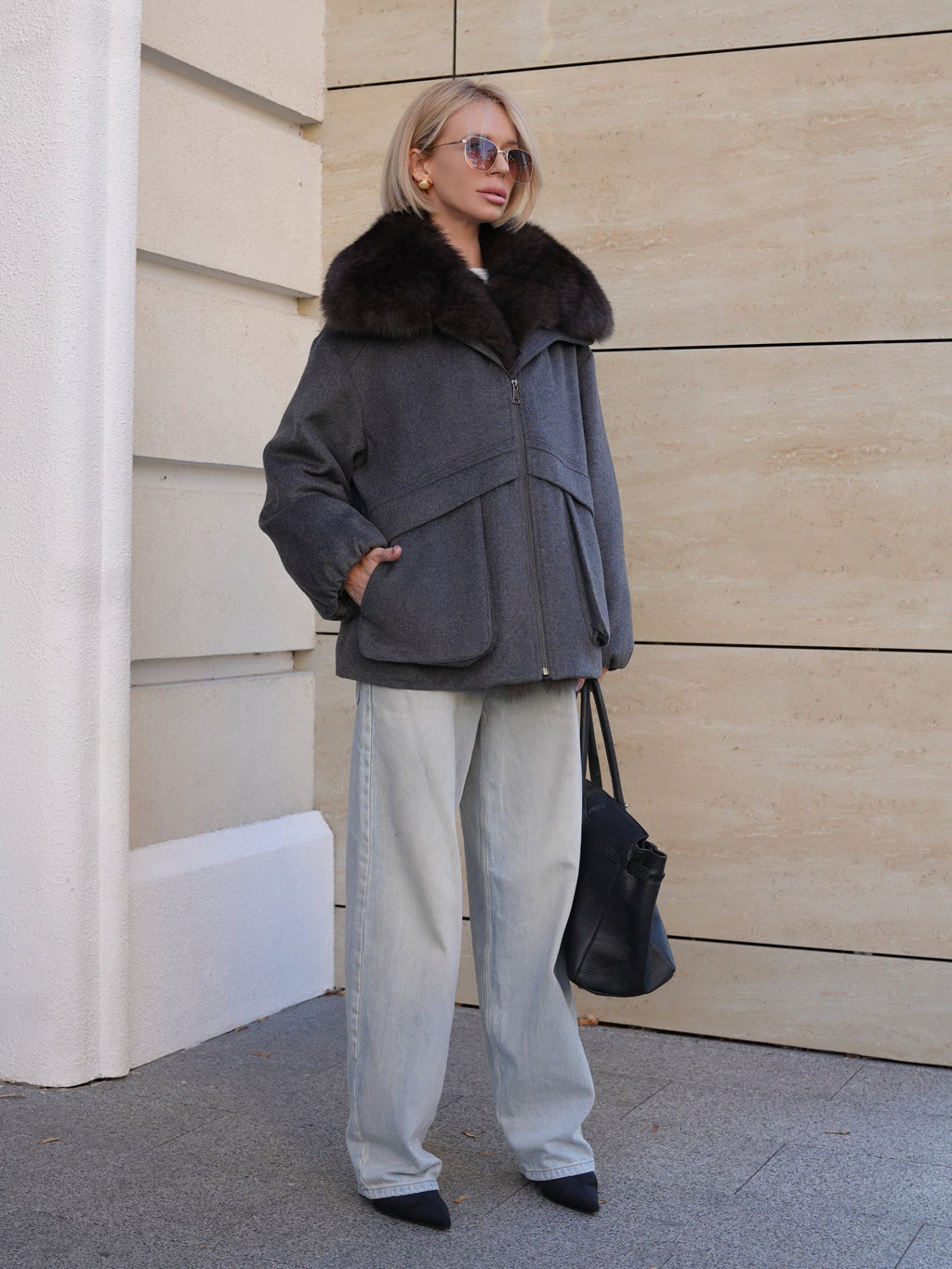 Rimini Genuine Fur Trim Wool Blend Parka in Graphite