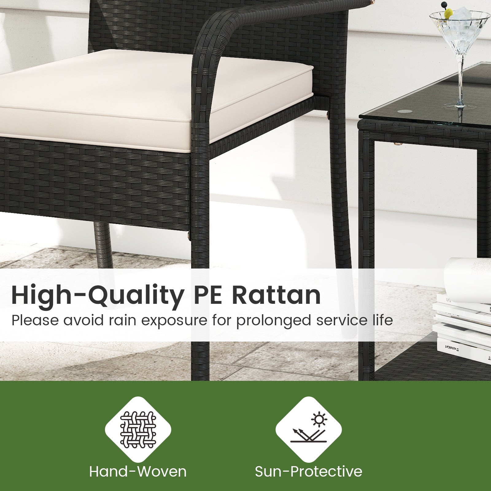 3 Piece Patio Furniture Set with Seat Cushions and Tempered Glass Tabletop