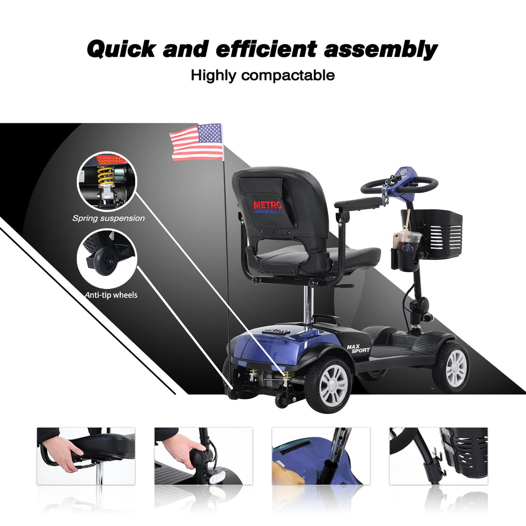 Mobility Scooter 4-Wheel Metal Blue 300 LB 10 Mile Basket Cup Holder 5 mph