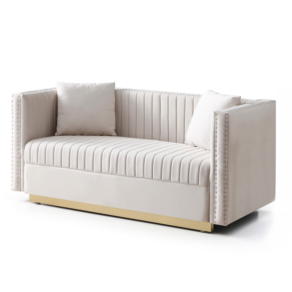 Beige Velvet Channel Tufted Loveseat 61" Gold Base 2-Seat