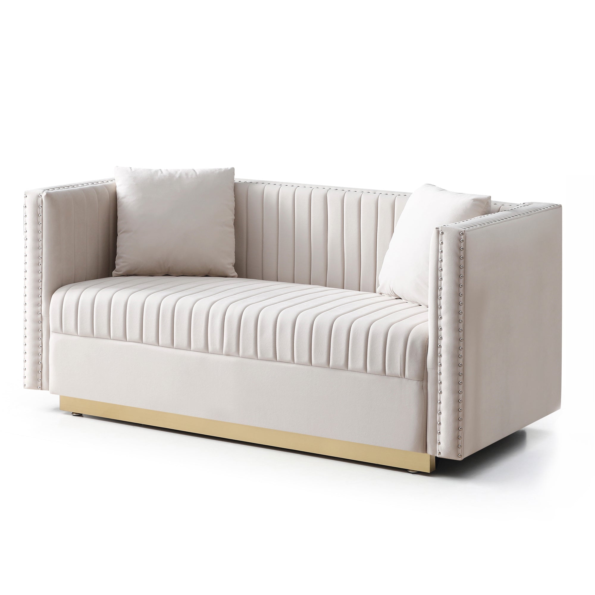 Beige Velvet Channel Tufted Loveseat 61" Gold Base 2-Seat