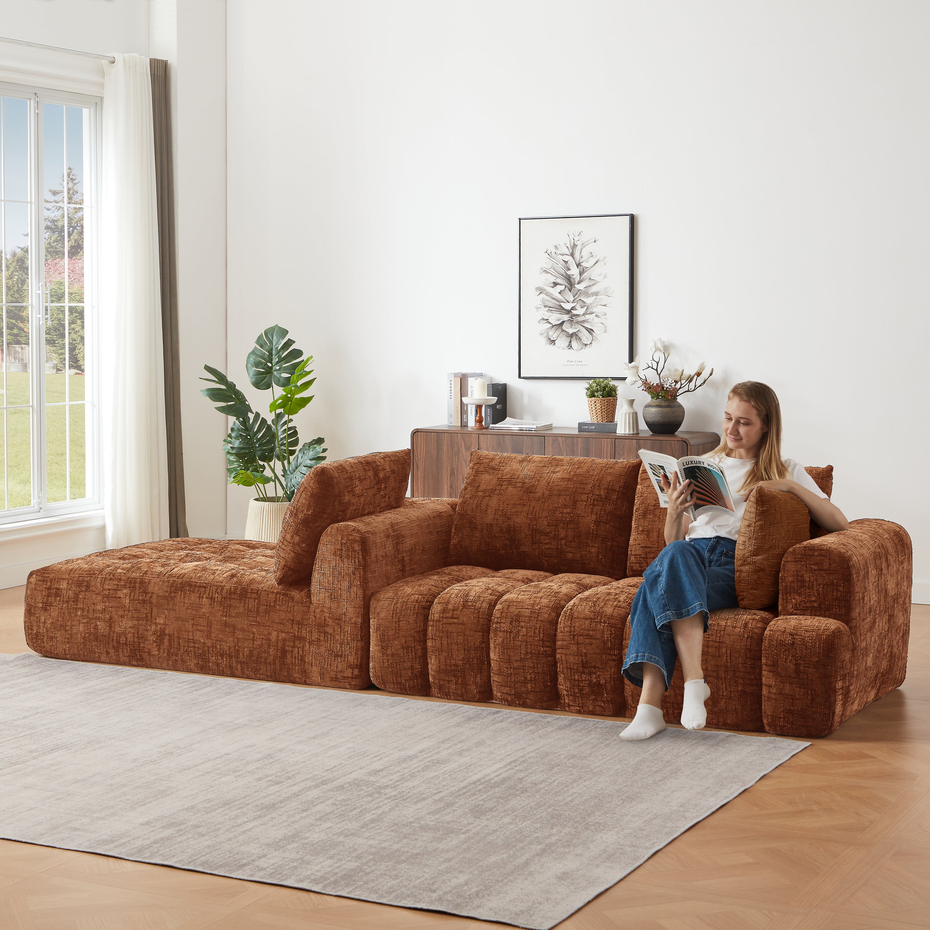 Sectional Sofa L-Shape Chenille Orange 4 Seat 108 In No Assembly