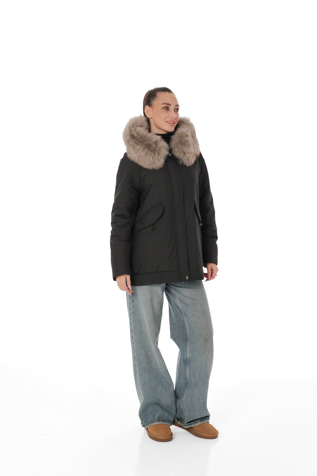 Genuine Polar Fox Camel Wool Blend Coat