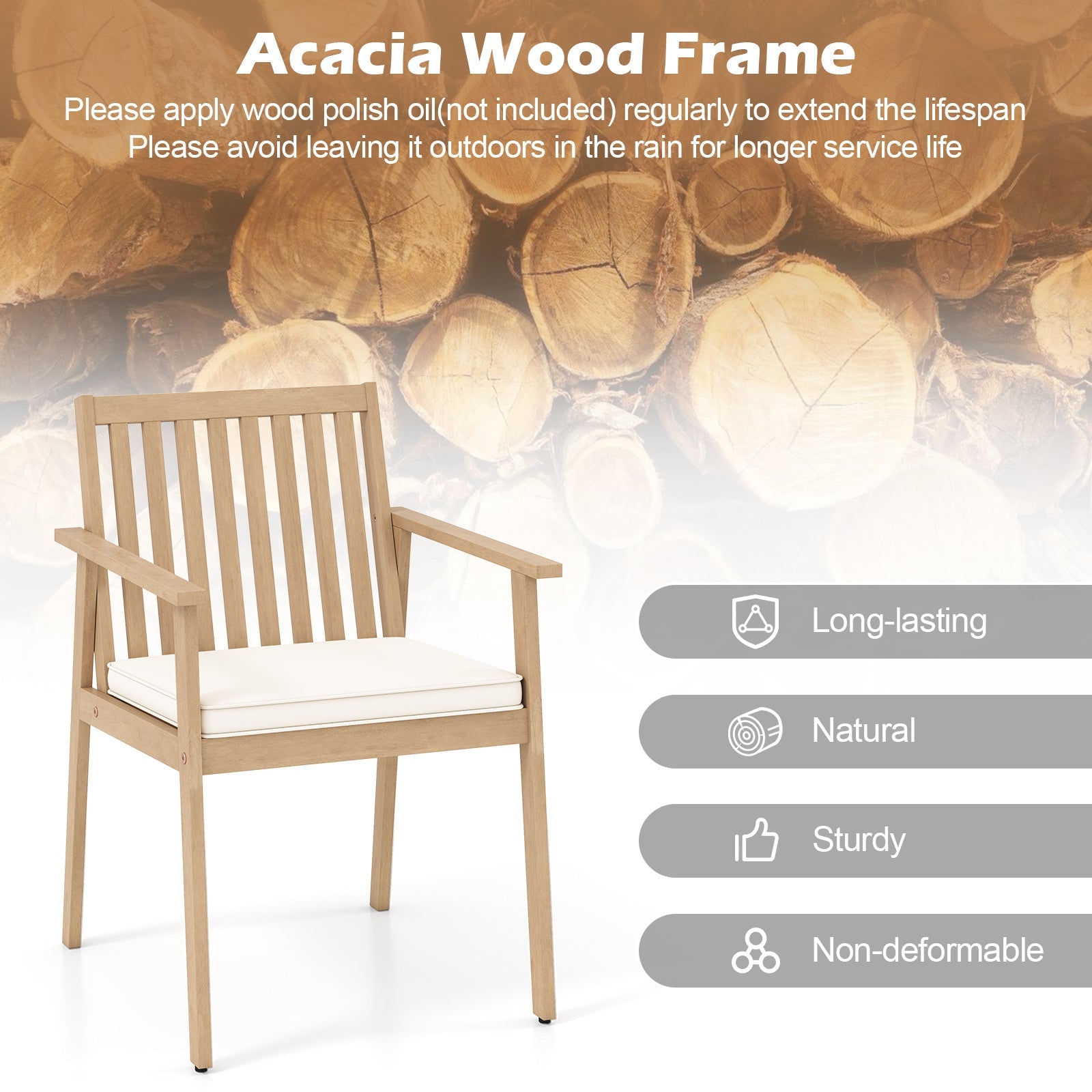 2 Pieces Patio Dining Chairs Outdoor Acacia Wood Chairs with Removable Padded Cushion
