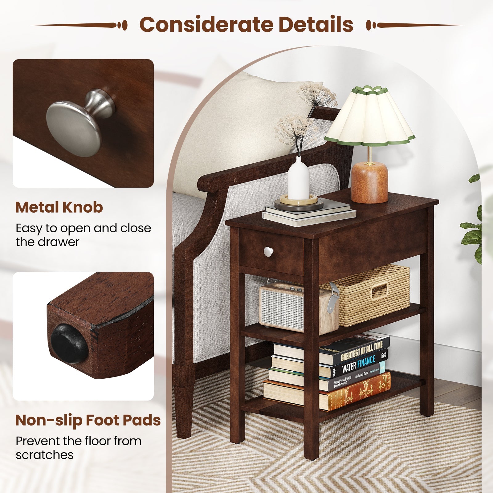 3-Tier Narrow End Table with Drawer and Storage Shelves