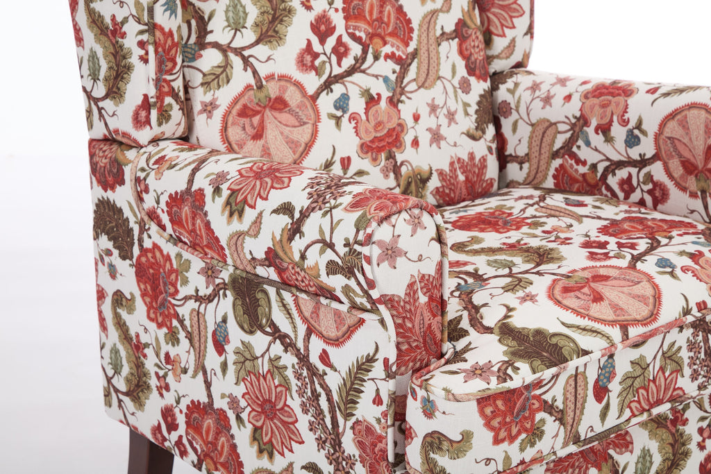 Accent Chair Wingback Linen Floral Red Pine Legs 28x30x38 In