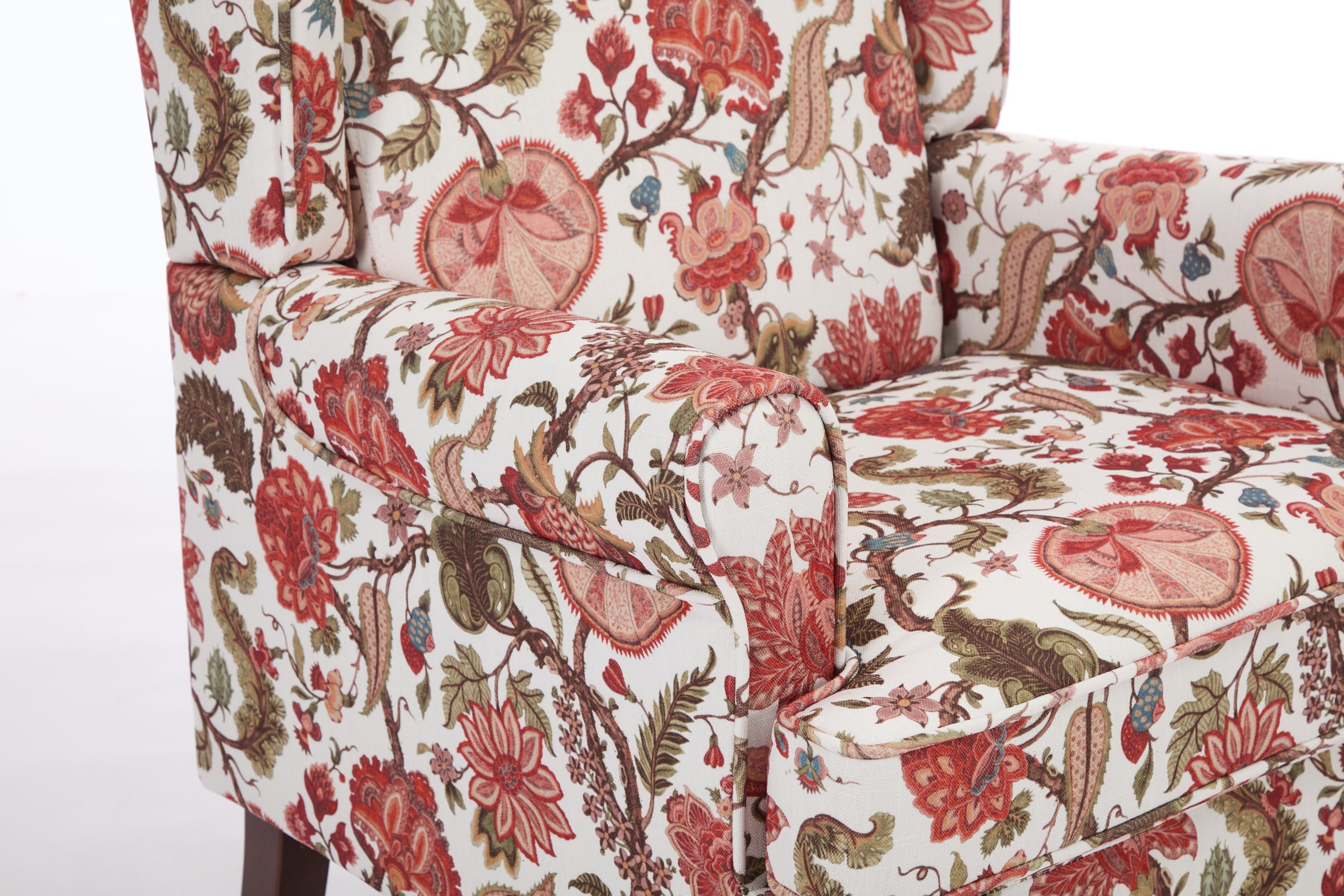 Accent Chair Wingback Linen Floral Red Pine Legs 28x30x38 In