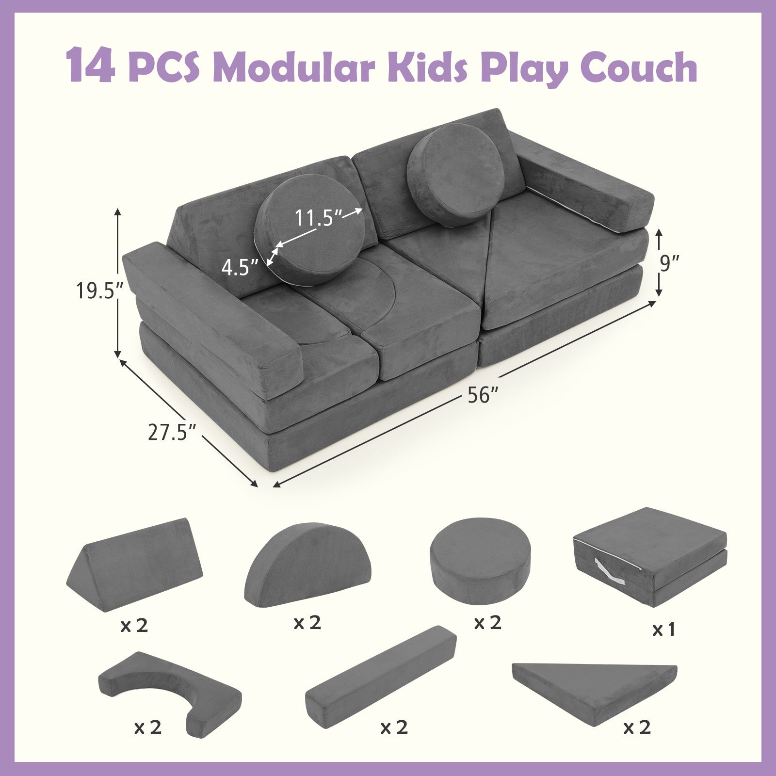 14 PCS Modular Kids Play Couch for Playroom and Bedroom